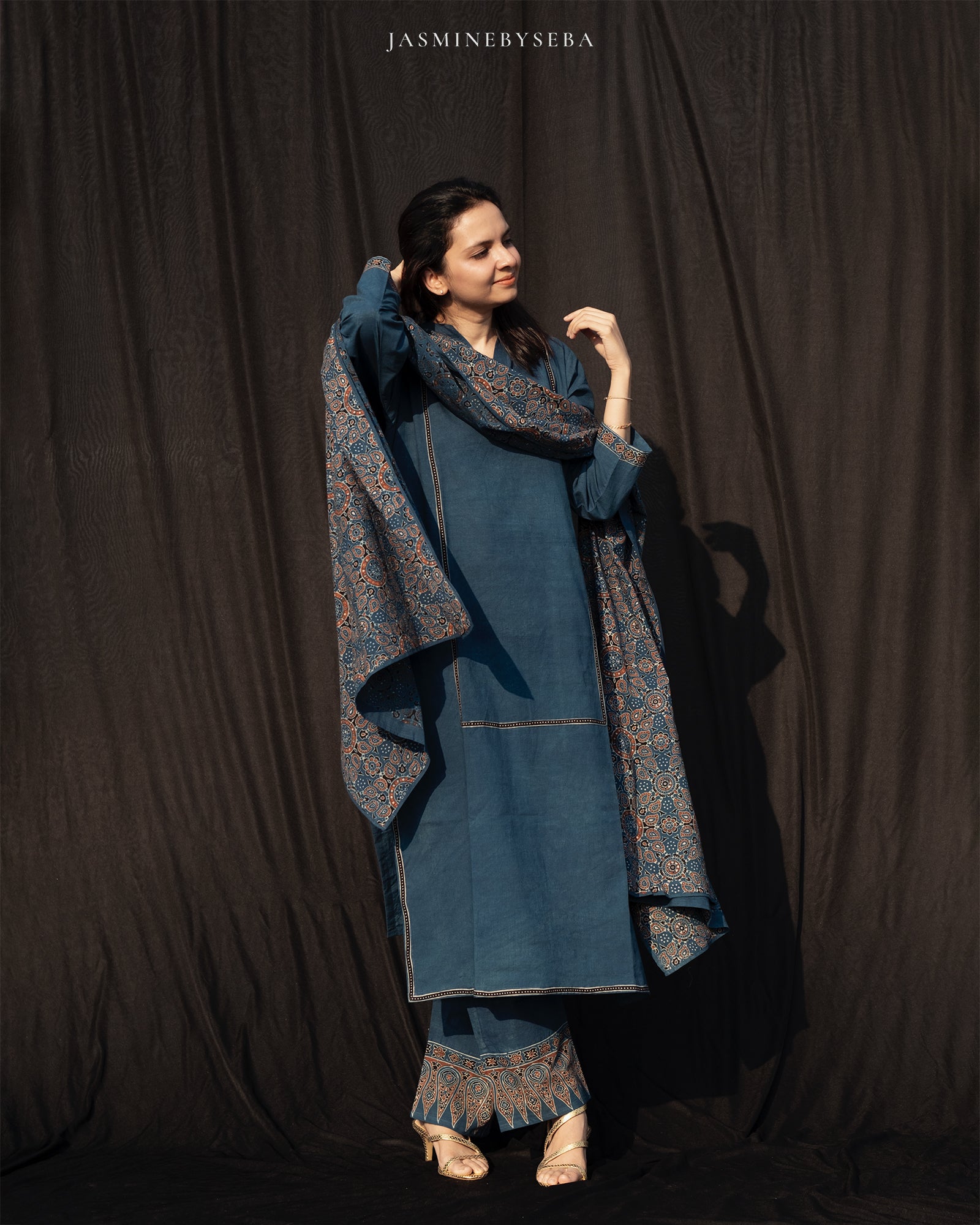 Ajrakh hand dyed and hand block printed premium cotton straight cut salwar set