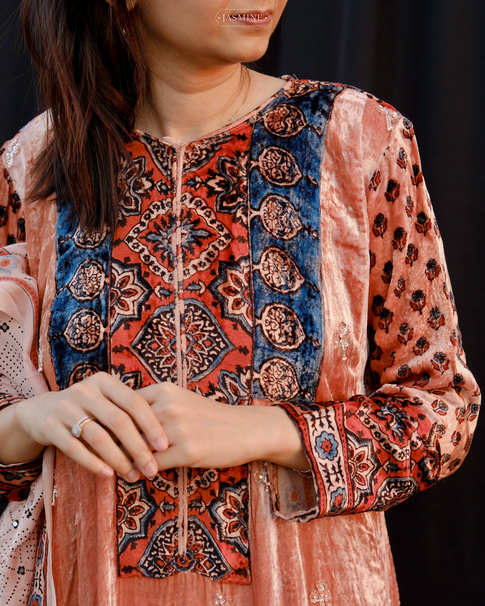 Ajrakh hand block printed velvet silk panel line salwar set with cutbead handwork