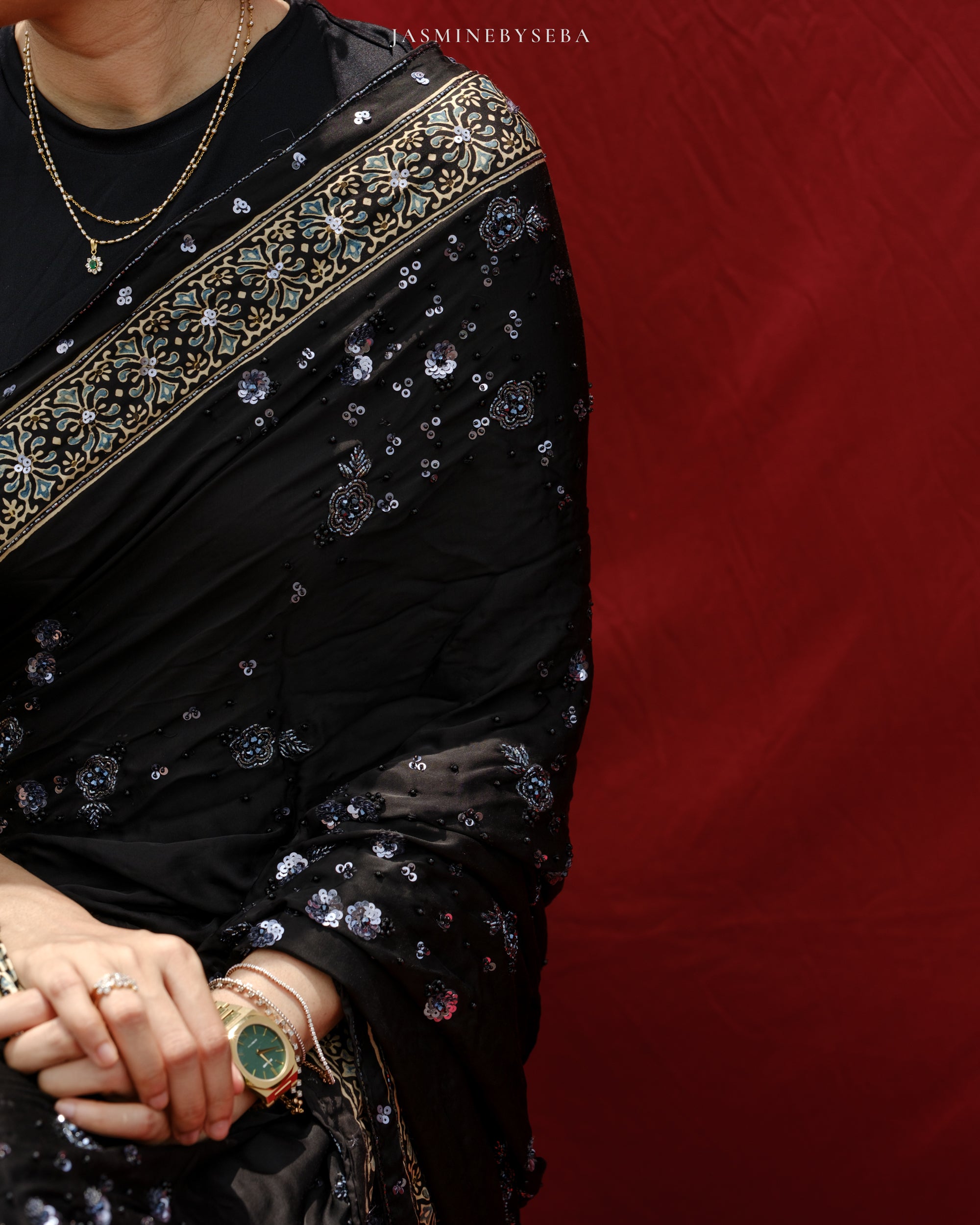 Ajrakh pure modal silk hand dyed, hand block printed and handworked saree