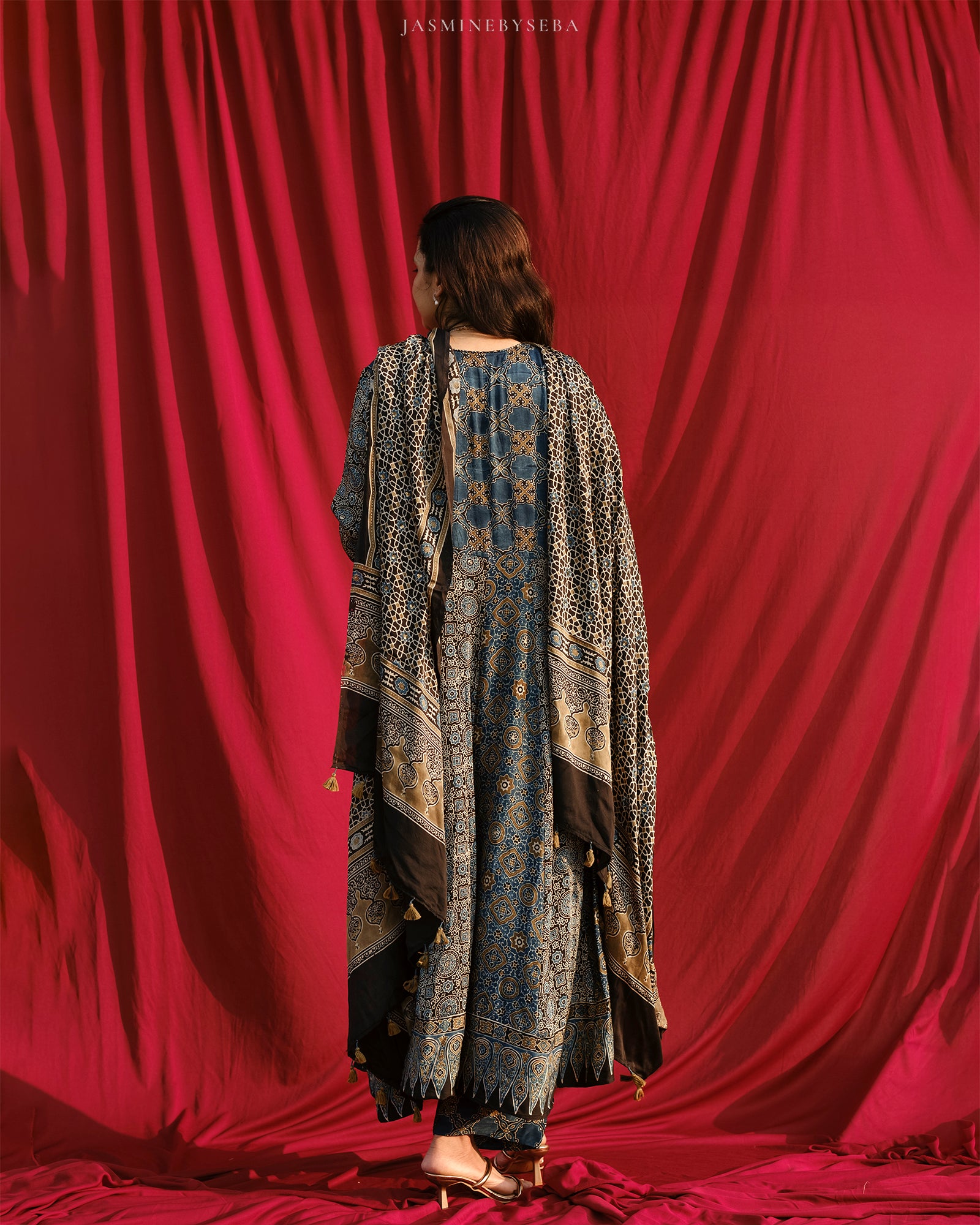 Ajrakh hand dyed hand block printed modal silk panel cut anarkali set with cut bead handwork