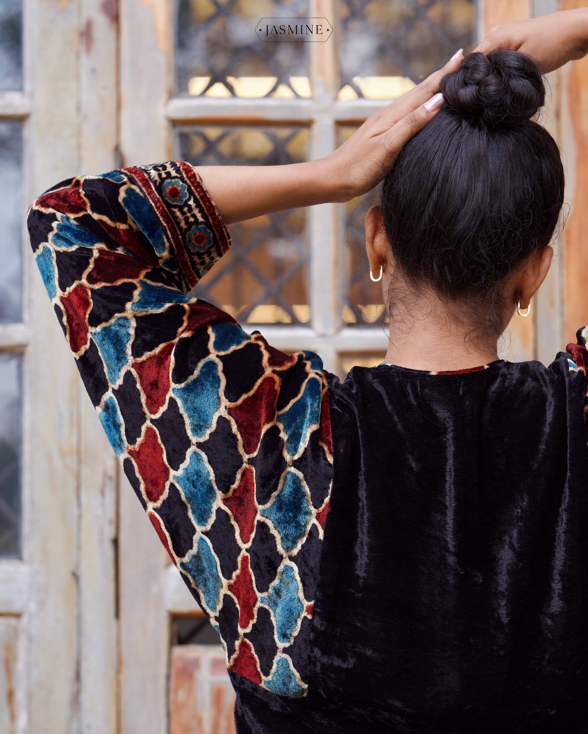 Ajrakh hand block printed velvet straight cut coord set with cutbead handwork