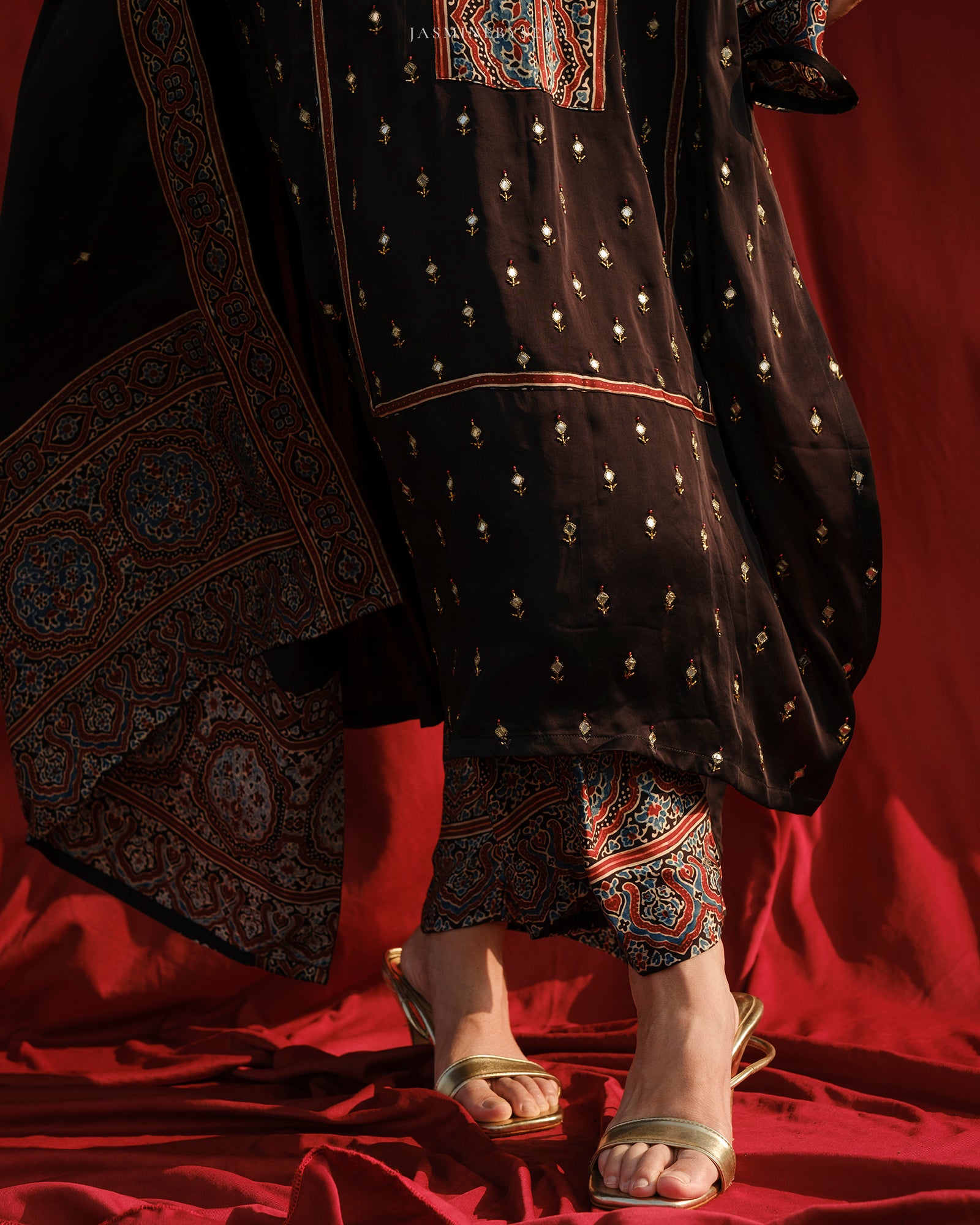 Ajrakh hand block printed modal silk straight cut salwar set with cutbead handwork