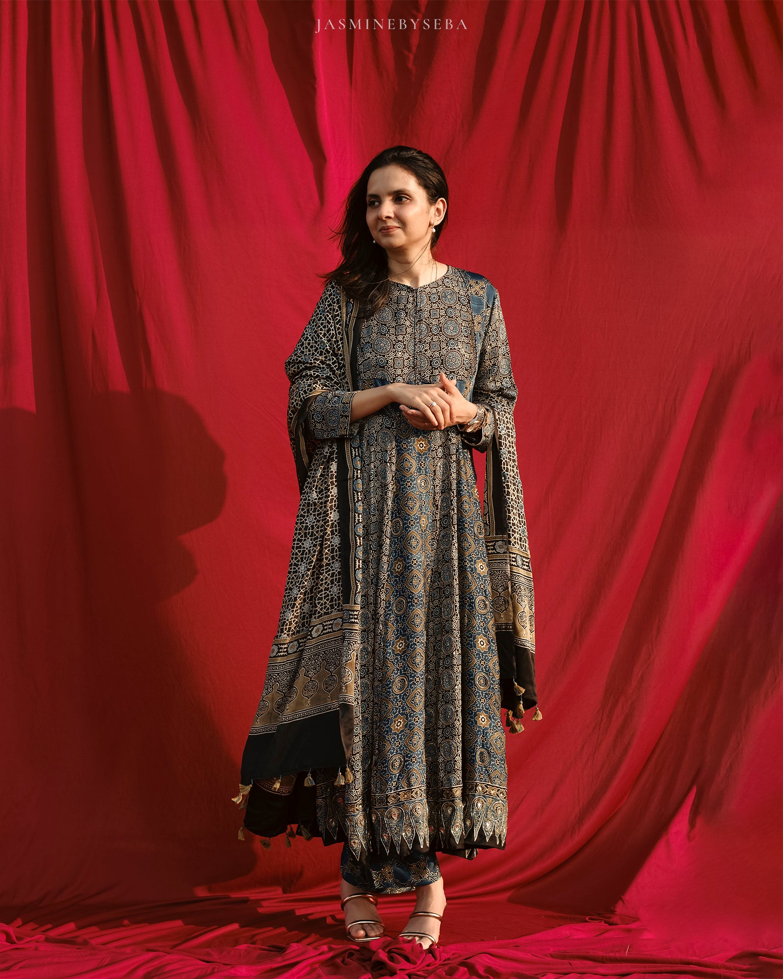 Ajrakh hand dyed hand block printed modal silk panel cut anarkali set with cut bead handwork