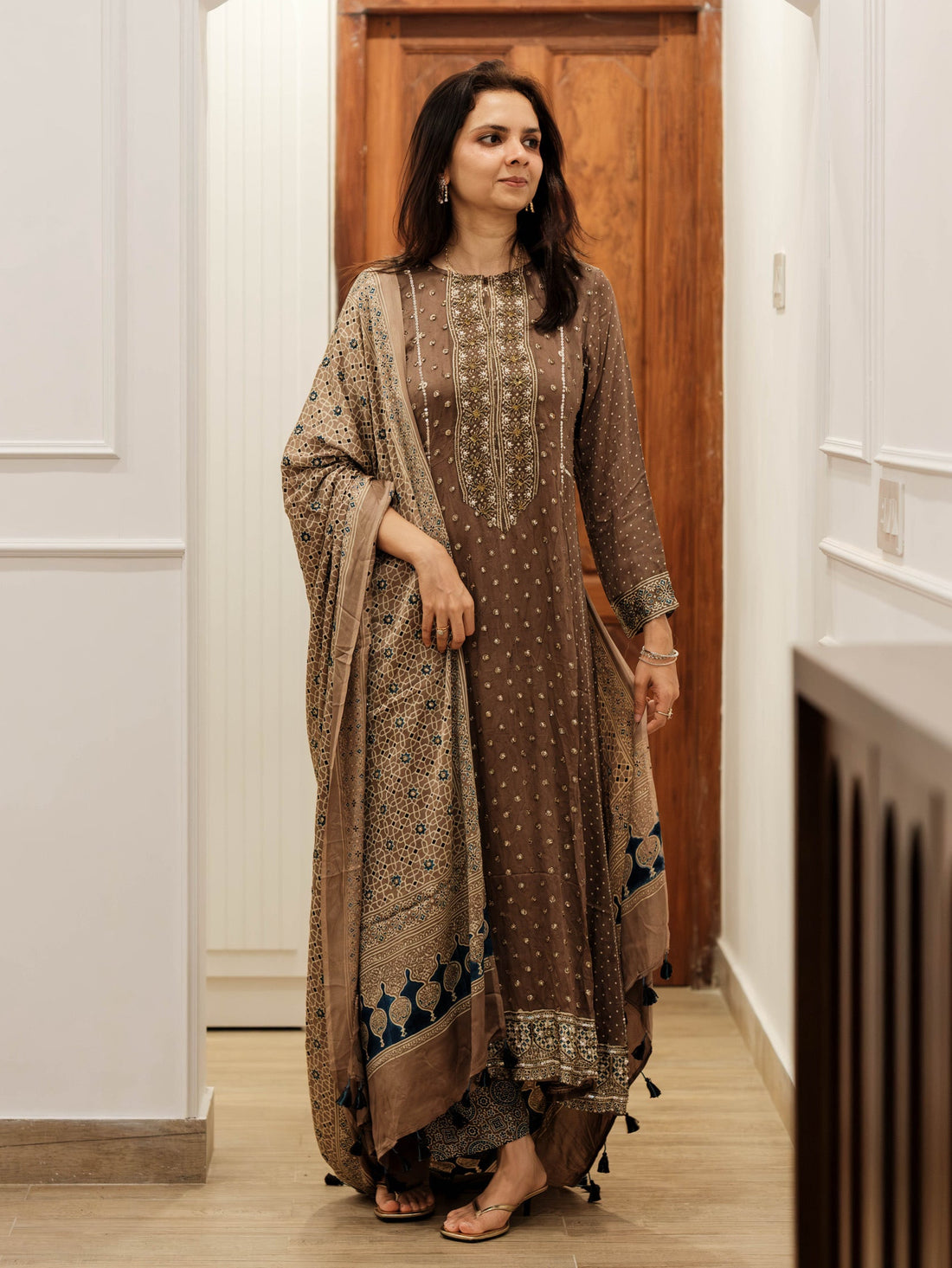 Ajrakh hand dyed hand block printed modal silk panel cut salwar set with cut bead handwork