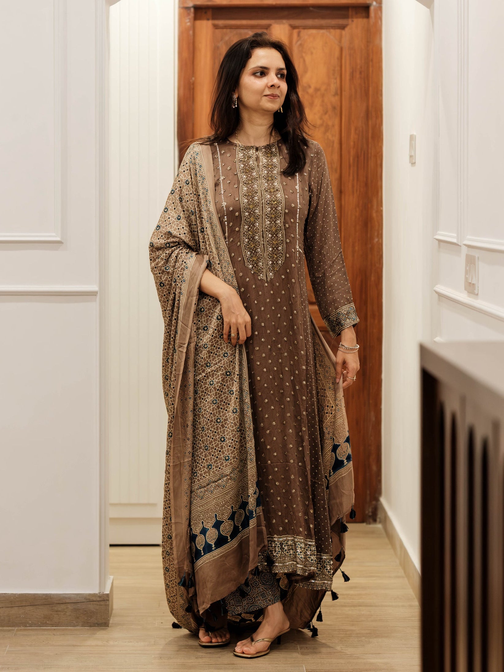 Ajrakh hand dyed hand block printed modal silk panel cut salwar set with cut bead handwork