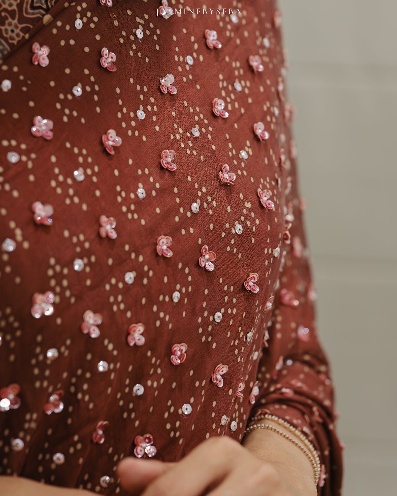 Ajrakh pure handloom gajji silk hand dyed, hand block printed and handworked saree