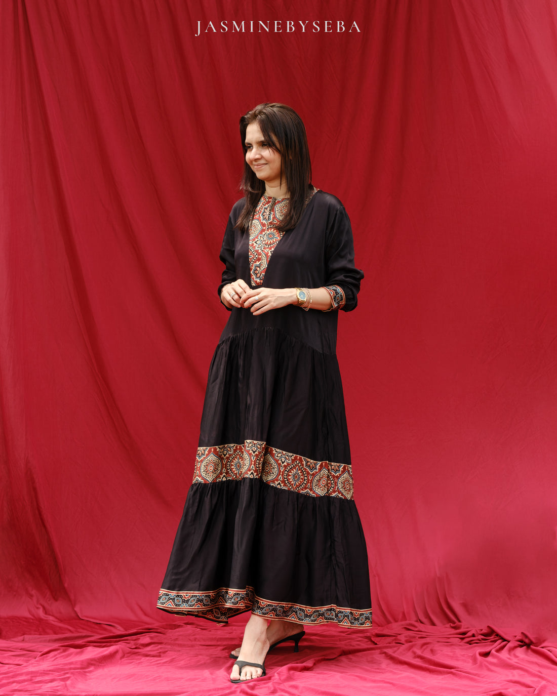 Ajrakh hand dyed hand block printed modal silk maxi dress