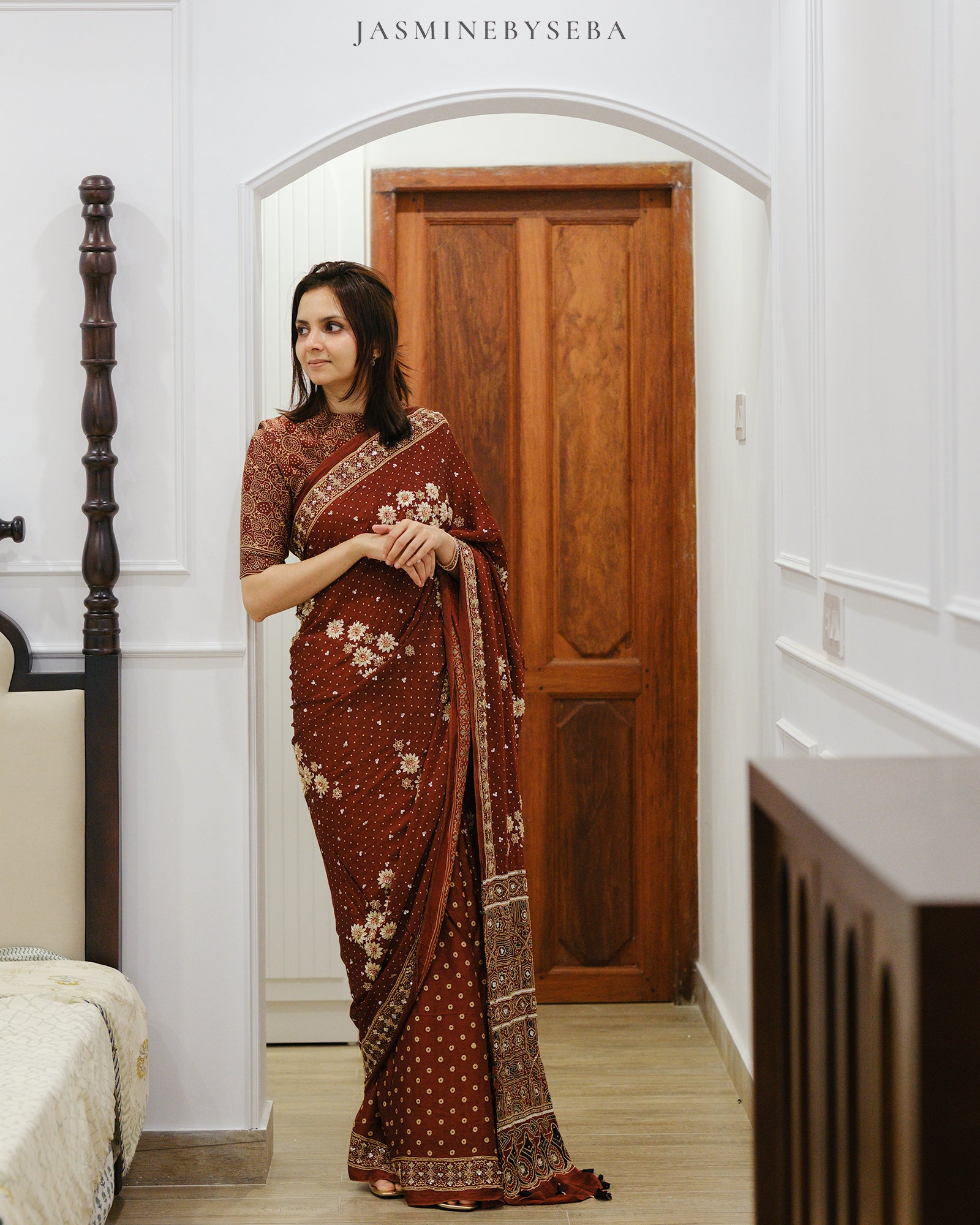 Ajrakh pure modal silk hand dyed, hand block printed and handworked saree