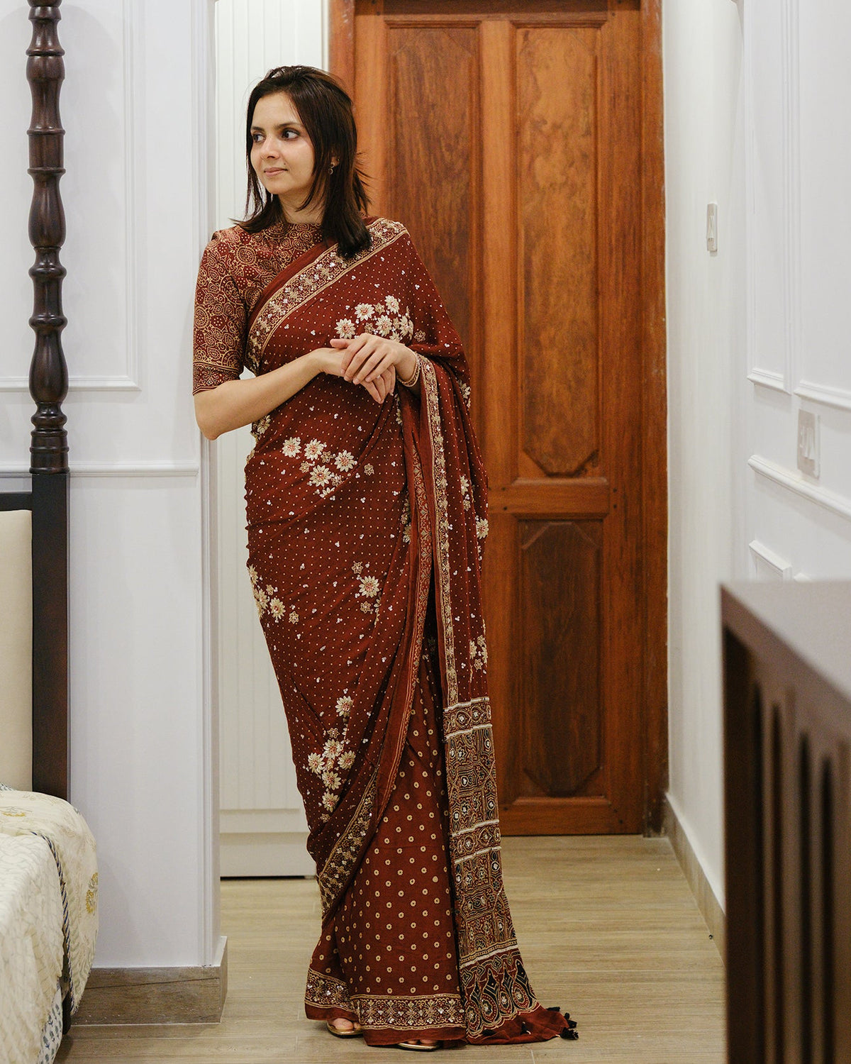 Ajrakh pure modal silk hand dyed, hand block printed and handworked saree
