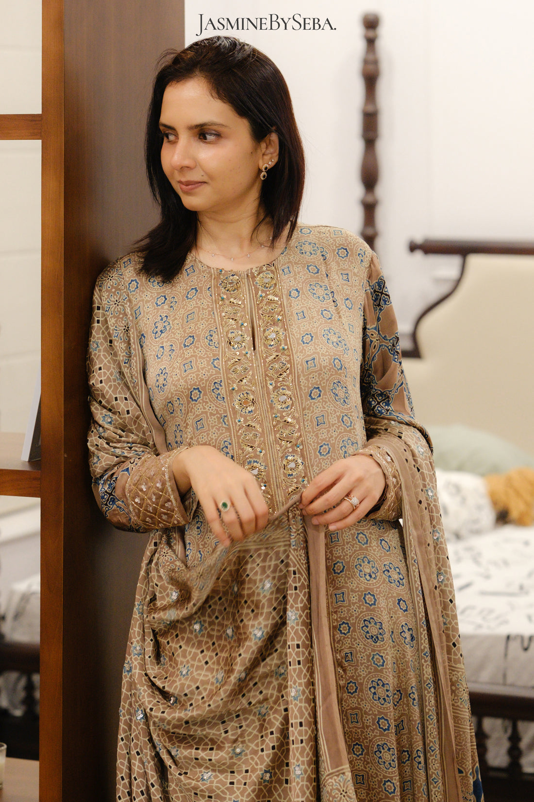Ajrakh hand dyed hand block printed modal silk panel cut salwar set with cut bead handwork