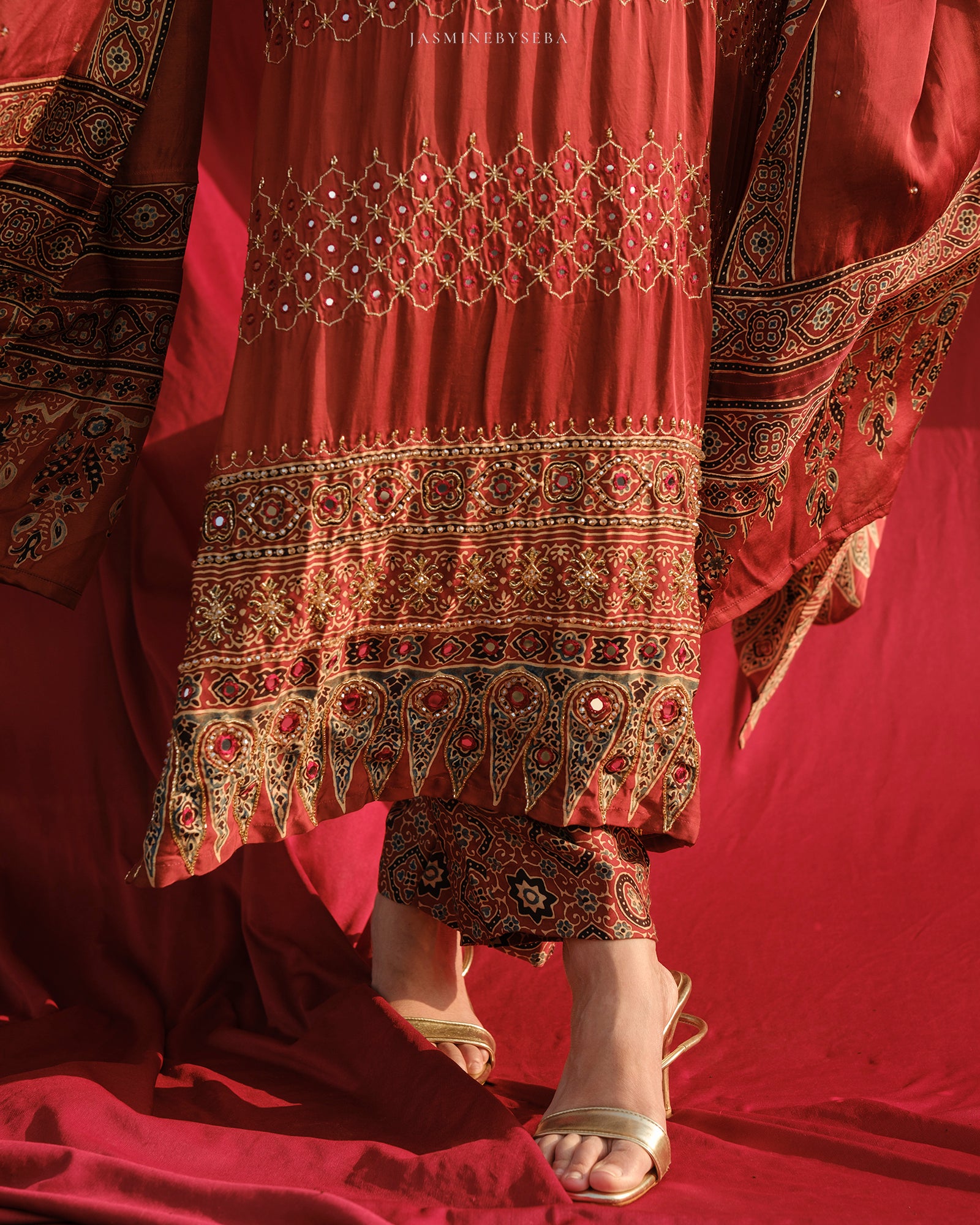 Ajrakh hand block printed modal silk straight cut salwar set with cutbead handwork