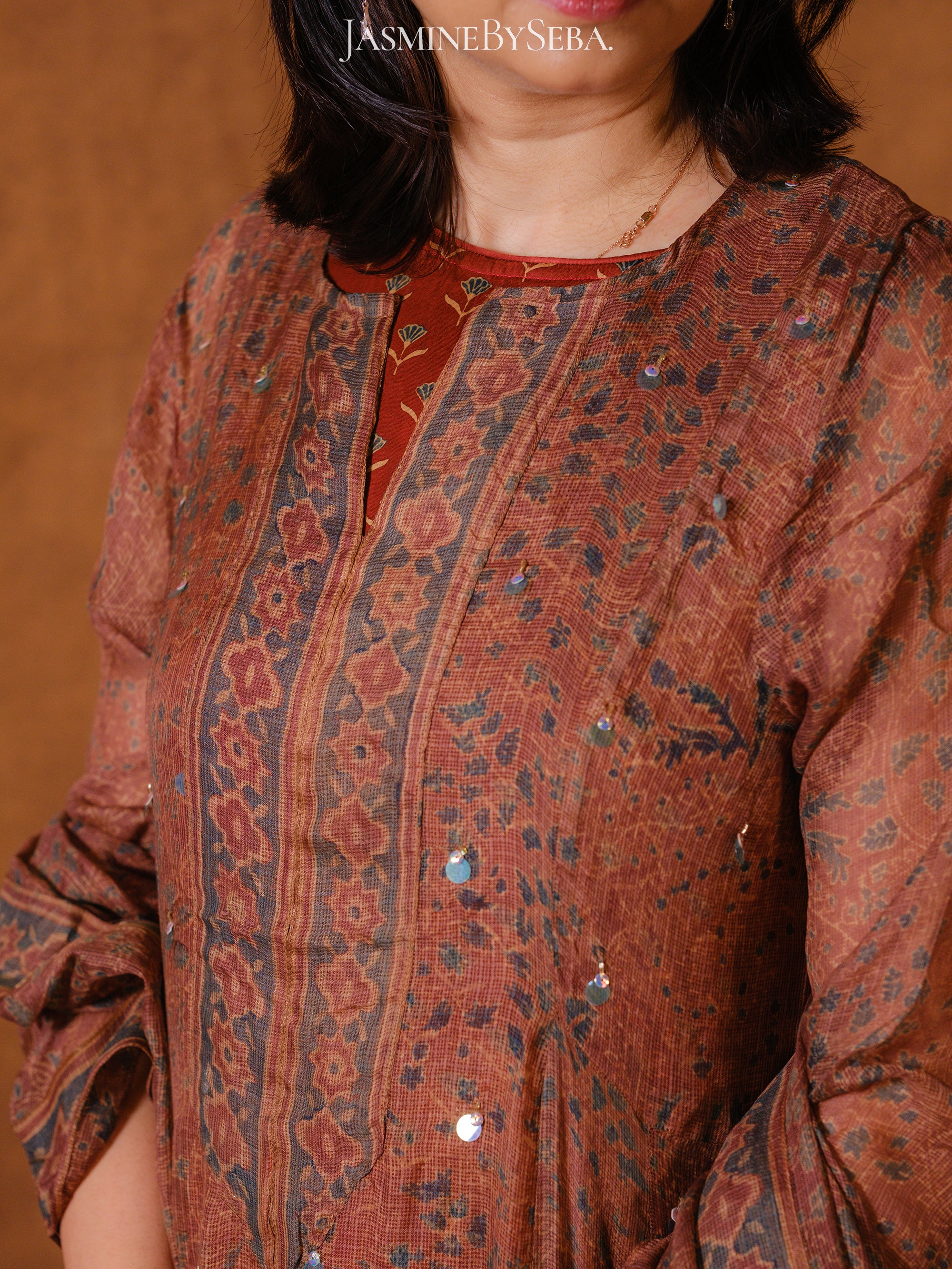 Ajrakh hand dyed hand block printed kota silk jacket set with cut bead handwork