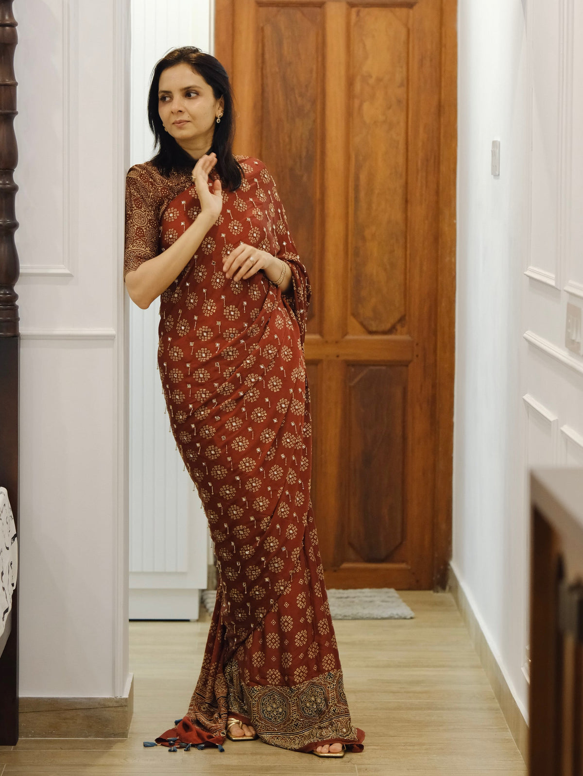 Ajrakh pure modal silk hand dyed, hand block printed and handworked saree