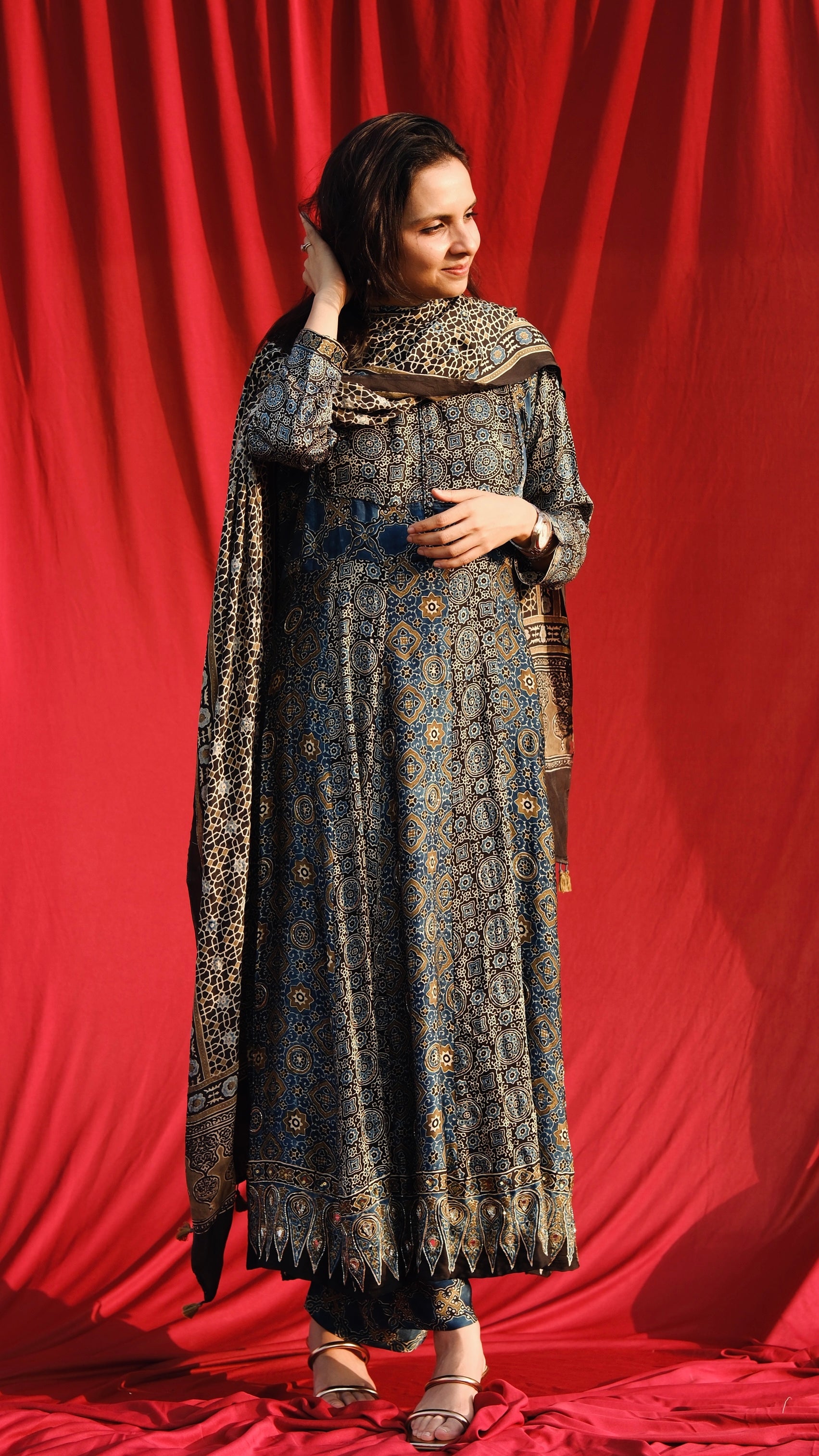 Ajrakh hand dyed hand block printed modal silk panel cut anarkali set with cut bead handwork