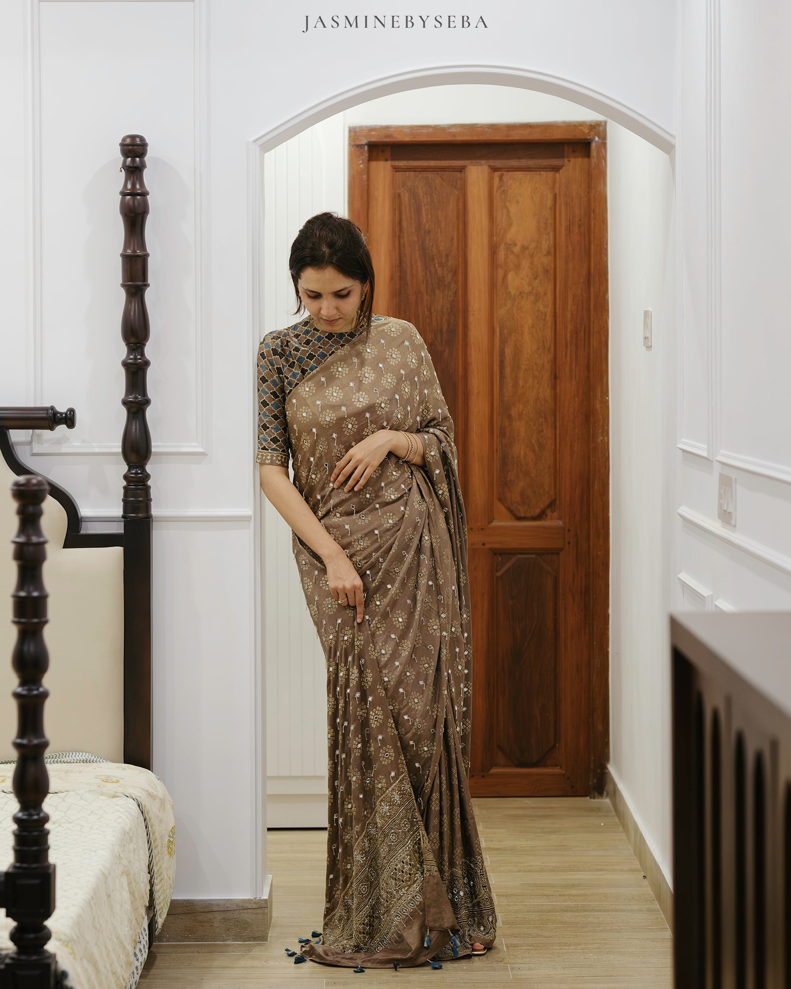 Ajrakh pure handloom gajji silk hand dyed, hand block printed and handworked saree