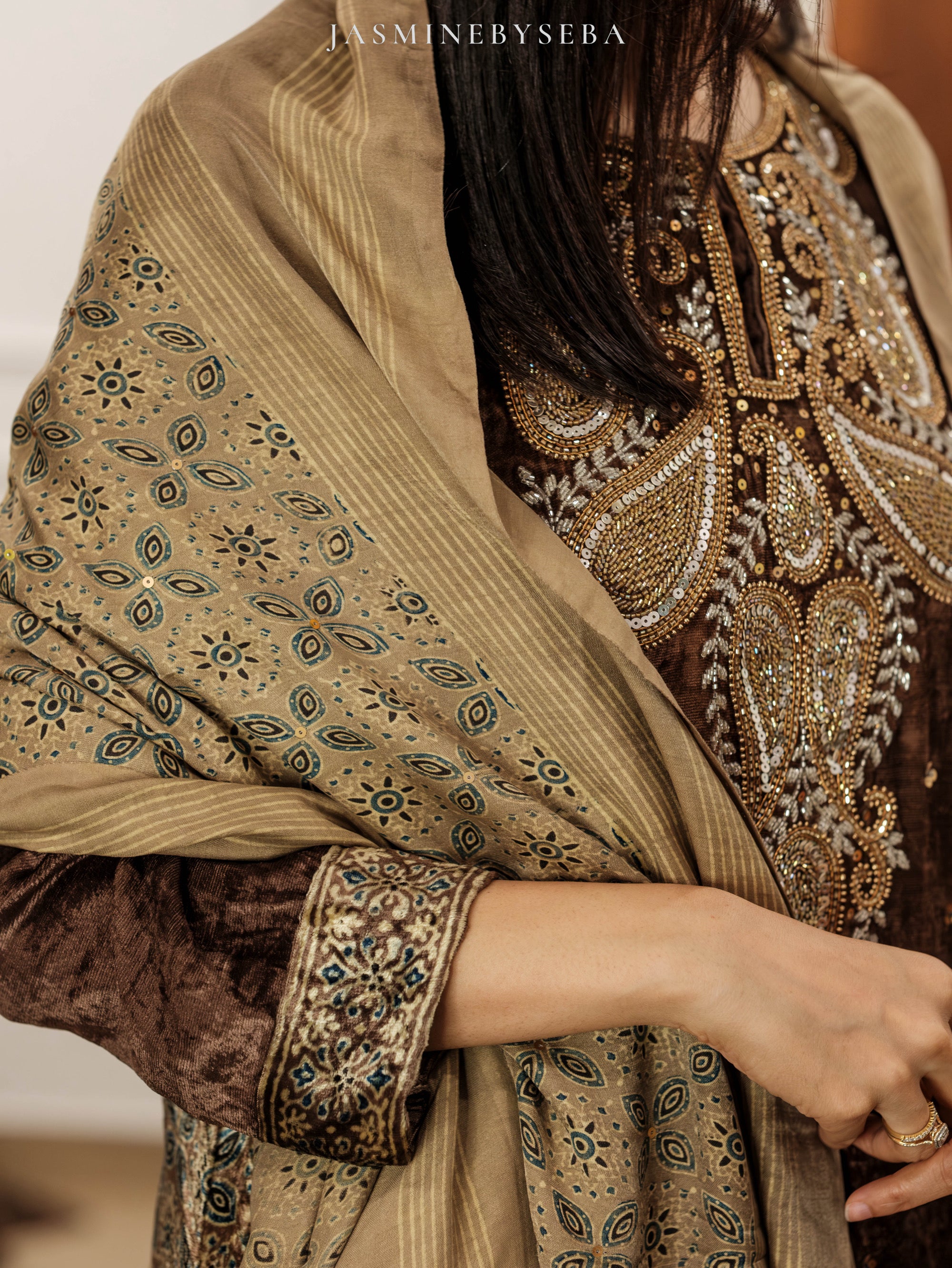 Ajrakh hand dyed hand block printed velvet silk salwar set with hand embroidry