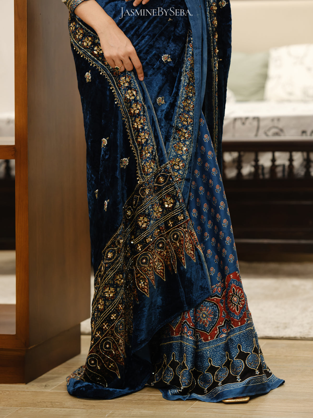 Ajrakh pure velvet silk hand dyed, hand block printed and handworked saree