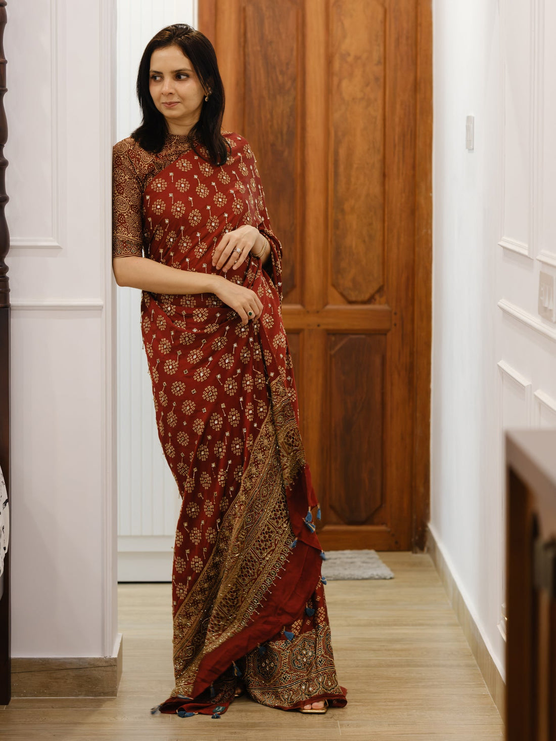 Ajrakh pure modal silk hand dyed, hand block printed and handworked saree