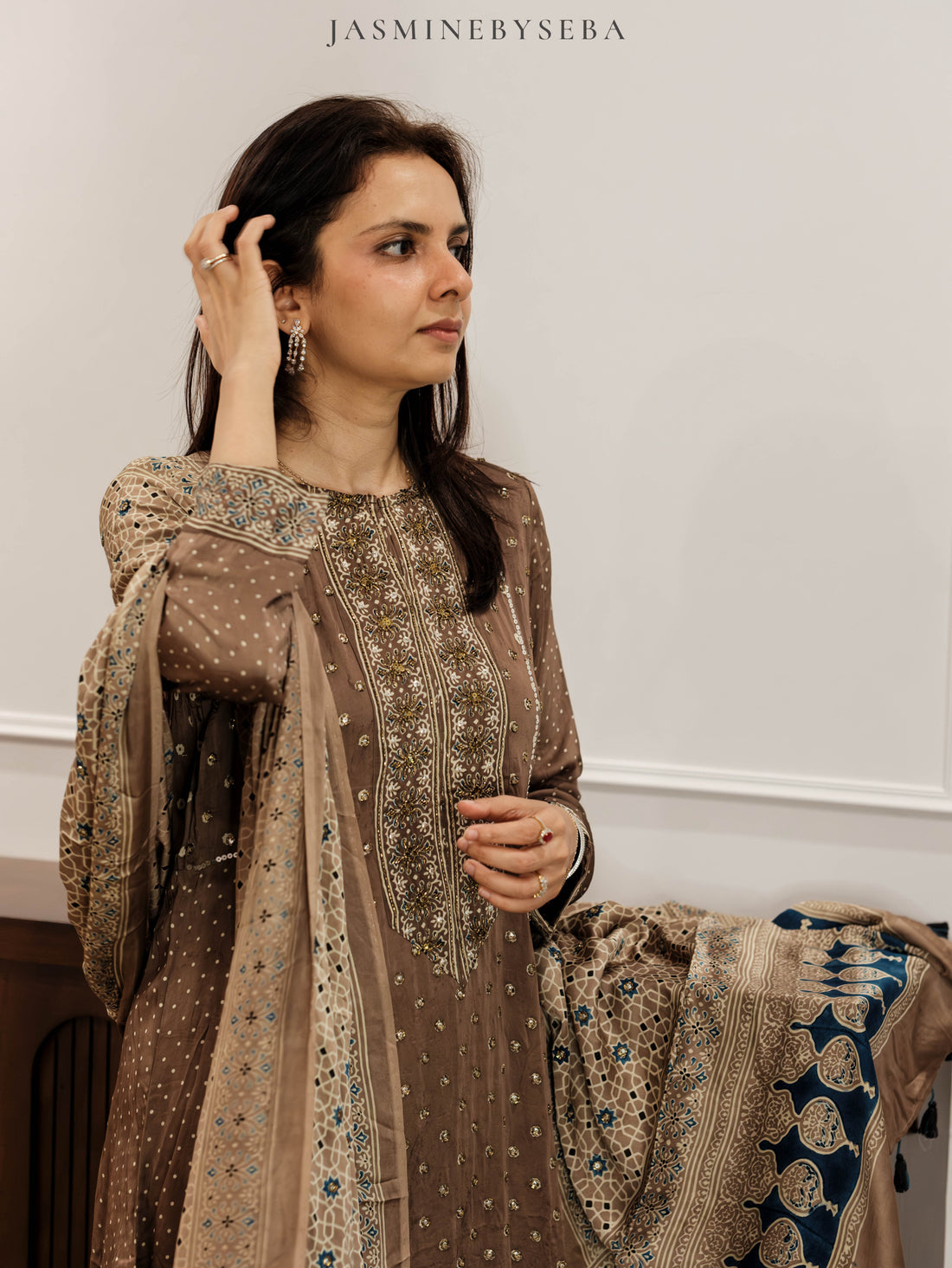 Ajrakh hand dyed hand block printed modal silk panel cut salwar set with cut bead handwork