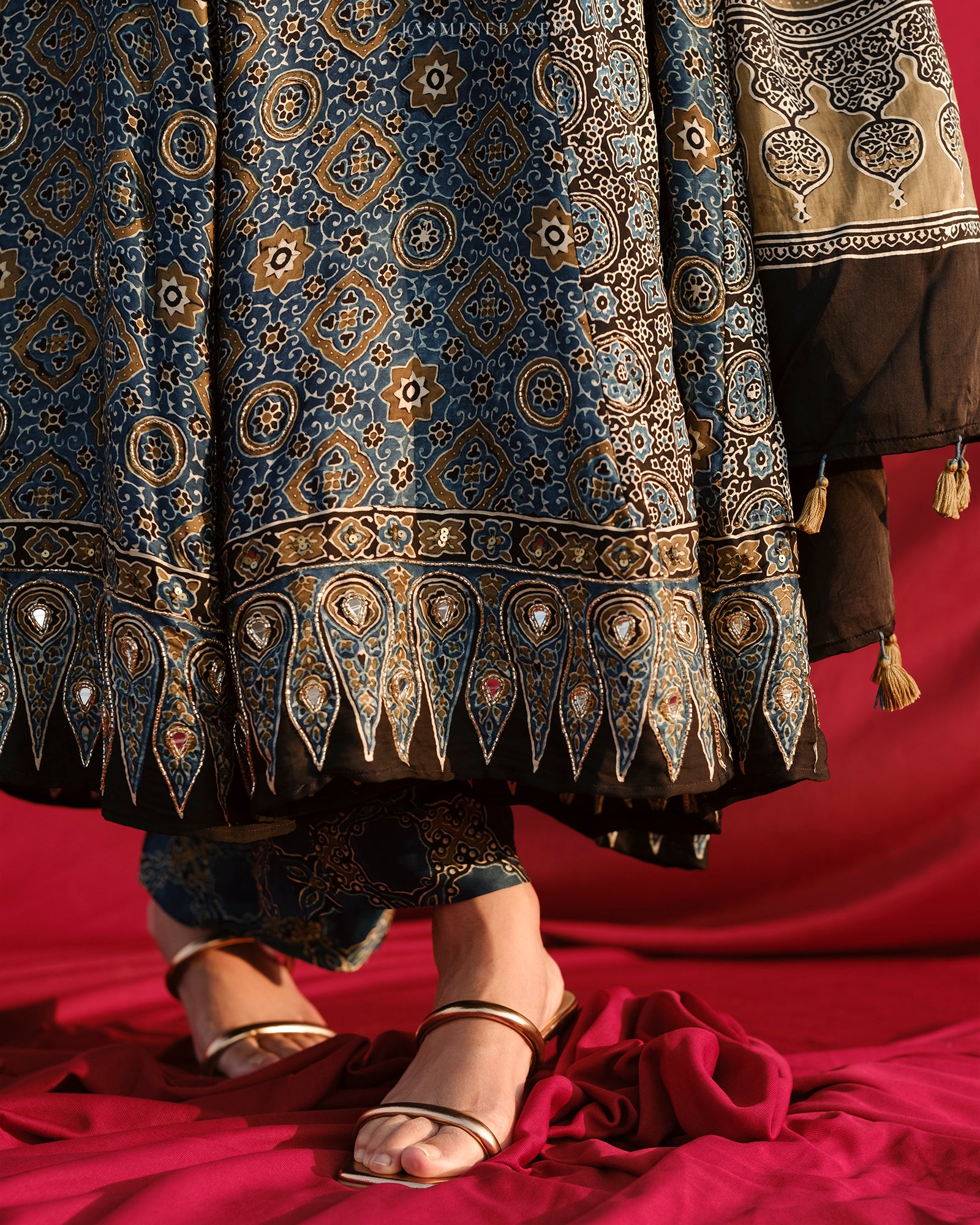 Ajrakh hand dyed hand block printed modal silk panel cut anarkali set with cut bead handwork