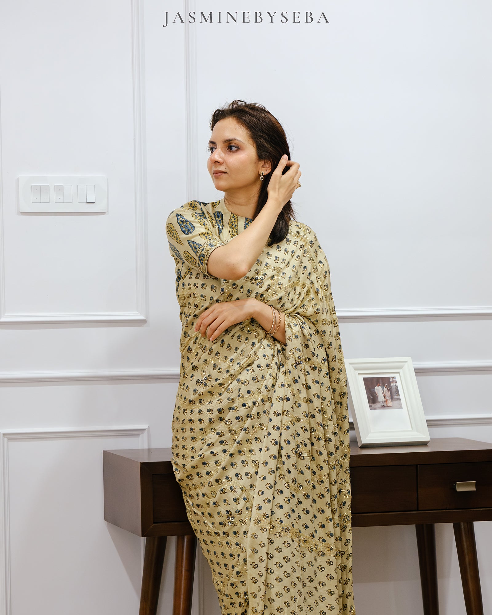 Ajrakh pure handloom gajji silk hand dyed, hand block printed and handworked saree