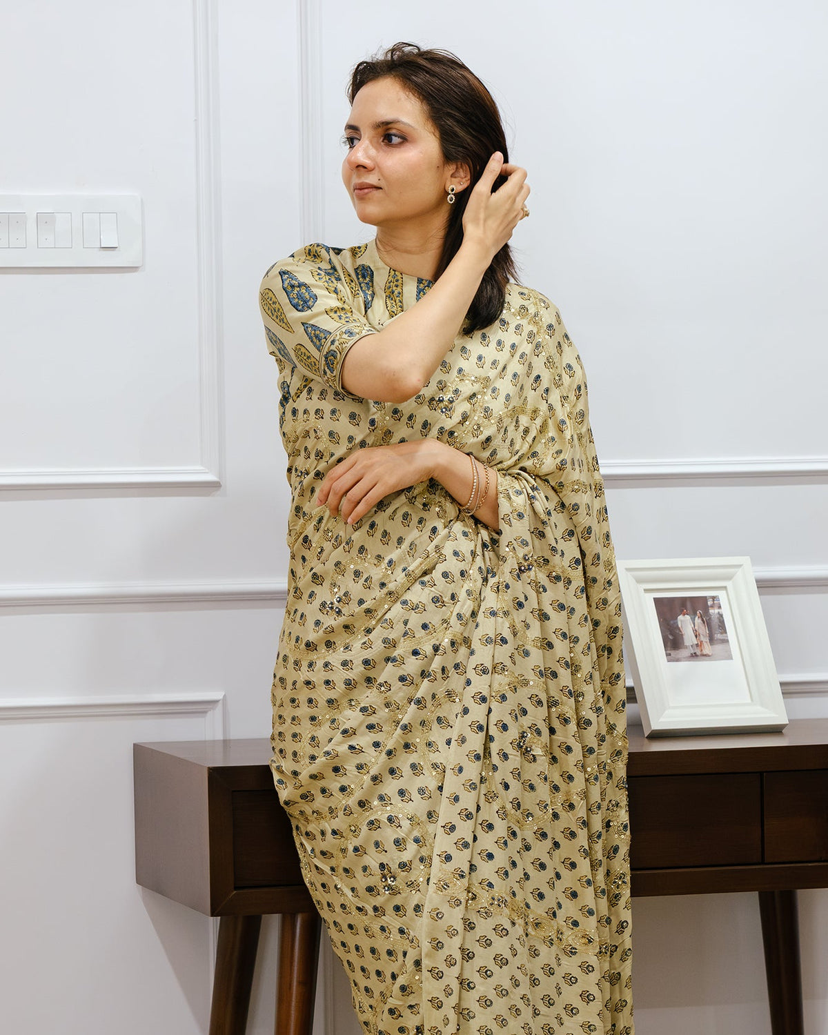 Ajrakh pure handloom gajji silk hand dyed, hand block printed and handworked saree