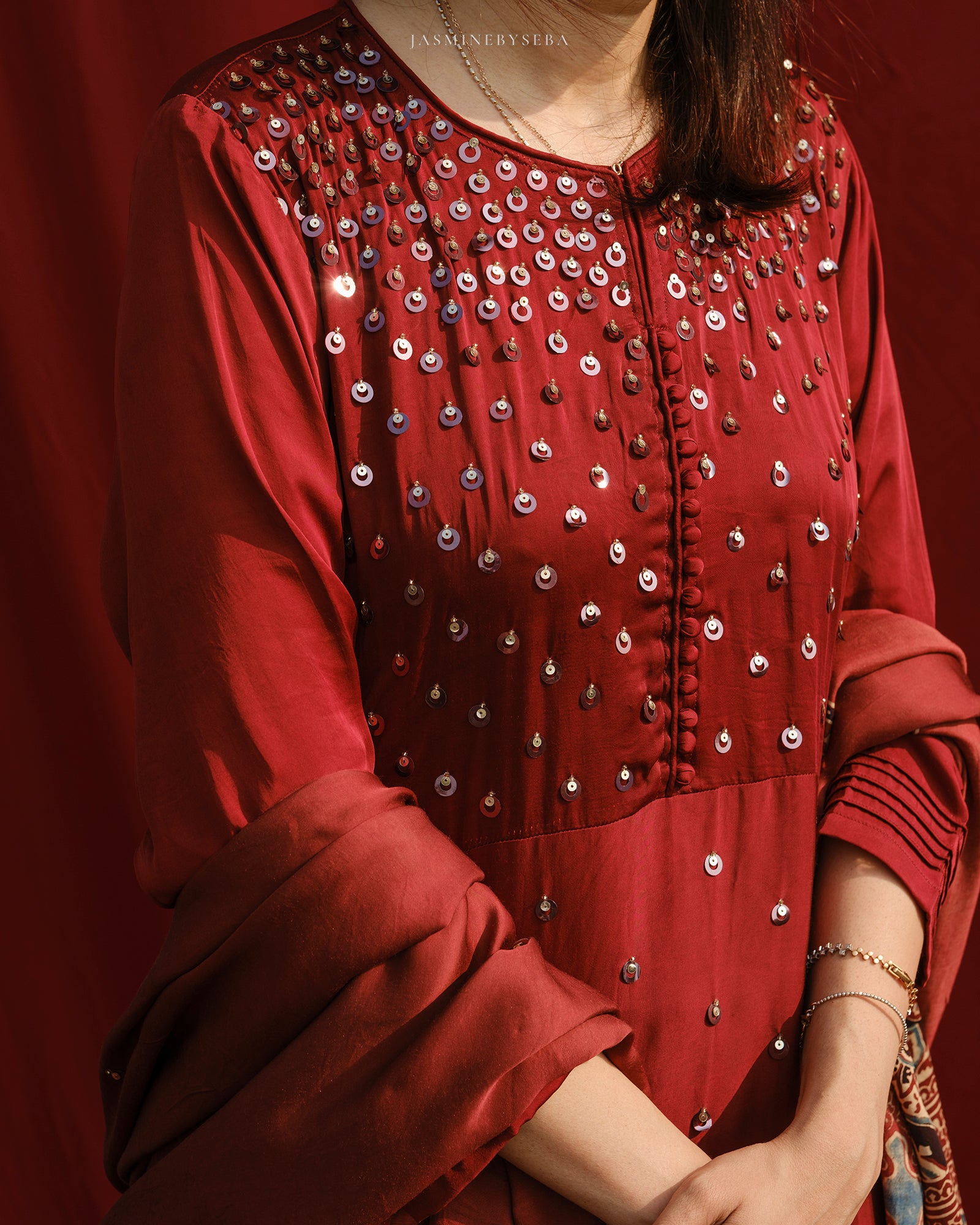 Ajrakh hand dyed hand block printed modal silk A line salwar set with cut bead handwork