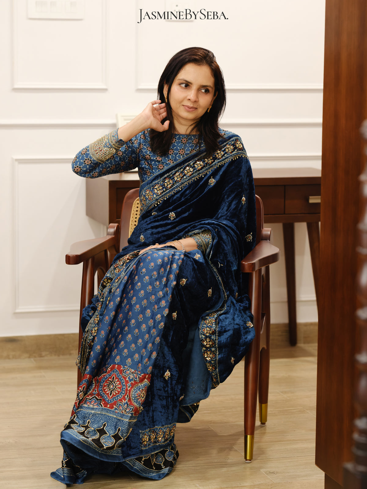 Ajrakh pure velvet silk hand dyed, hand block printed and handworked saree