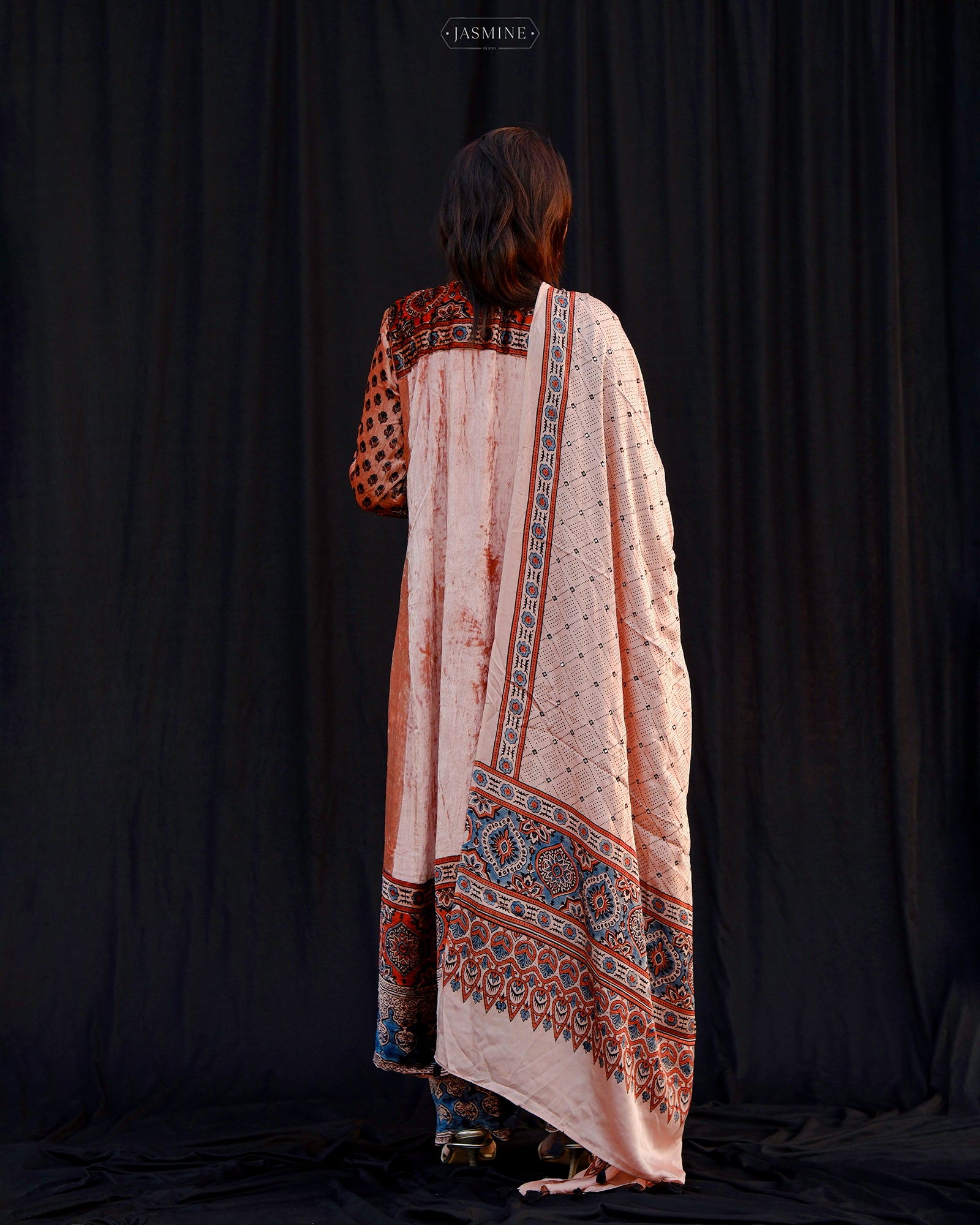 Ajrakh hand block printed velvet silk panel line salwar set with cutbead handwork