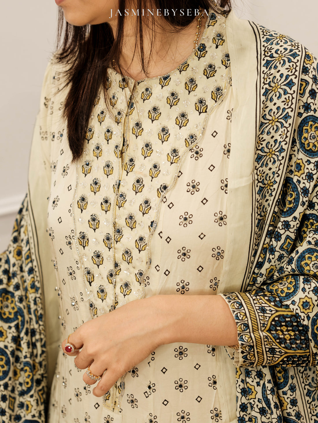 Ajrakh hand dyed hand block printed modal silk panel cut salwar set with cut bead handwork