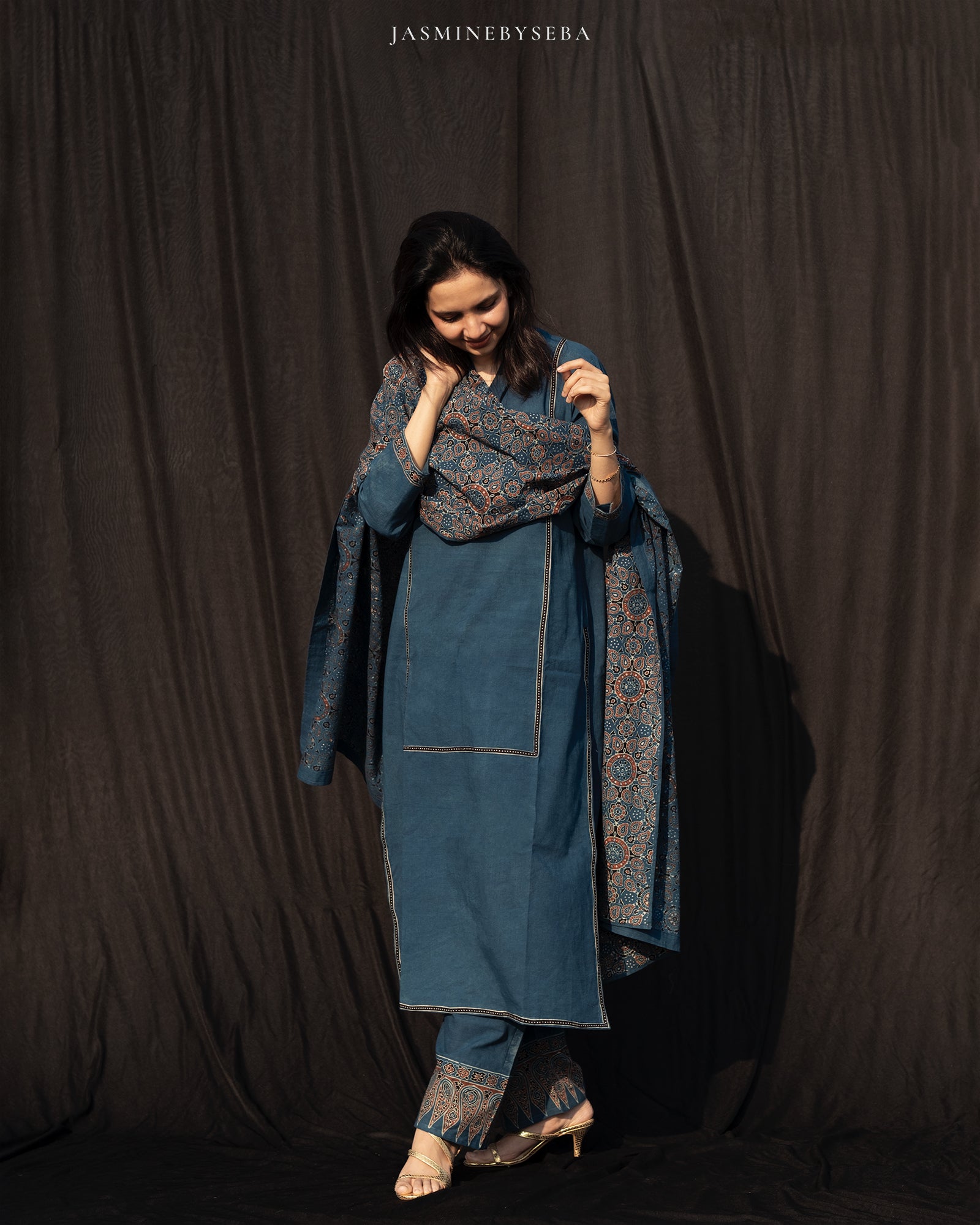 Ajrakh hand dyed and hand block printed premium cotton straight cut salwar set