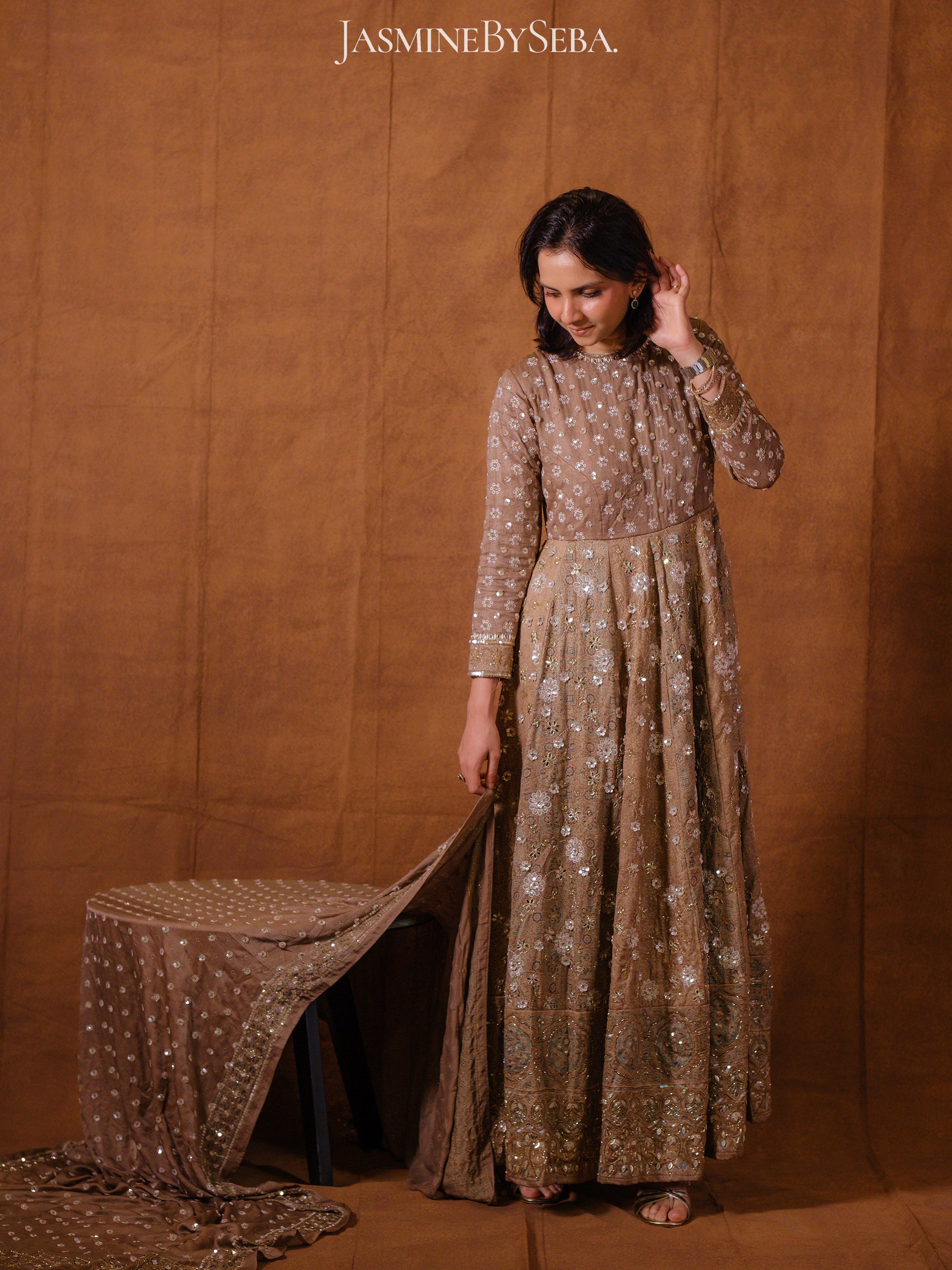 Custom made Ajrakh handcrafted handloom Tusshar silk bridal anarkali set with pure handloom gajji silk dupatta detailed out with hand embroidry