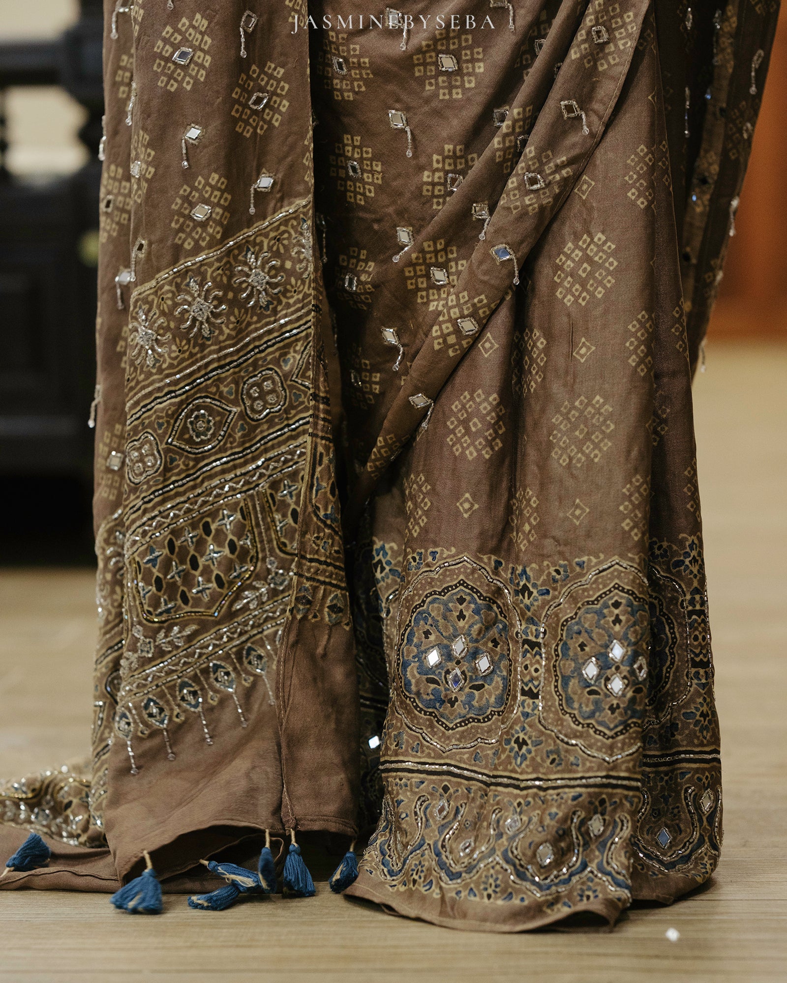 Ajrakh pure handloom gajji silk hand dyed, hand block printed and handworked saree