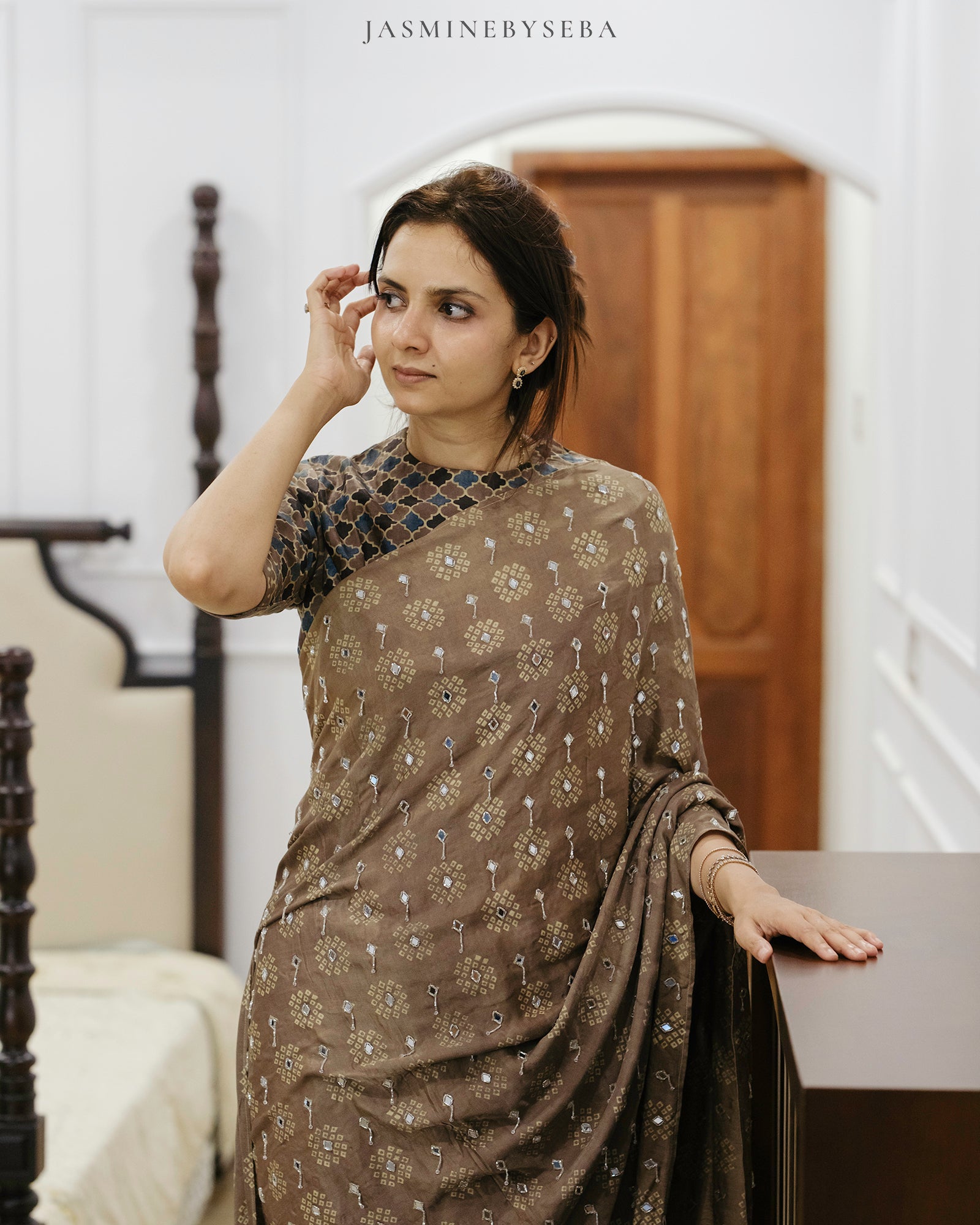 Ajrakh pure handloom gajji silk hand dyed, hand block printed and handworked saree