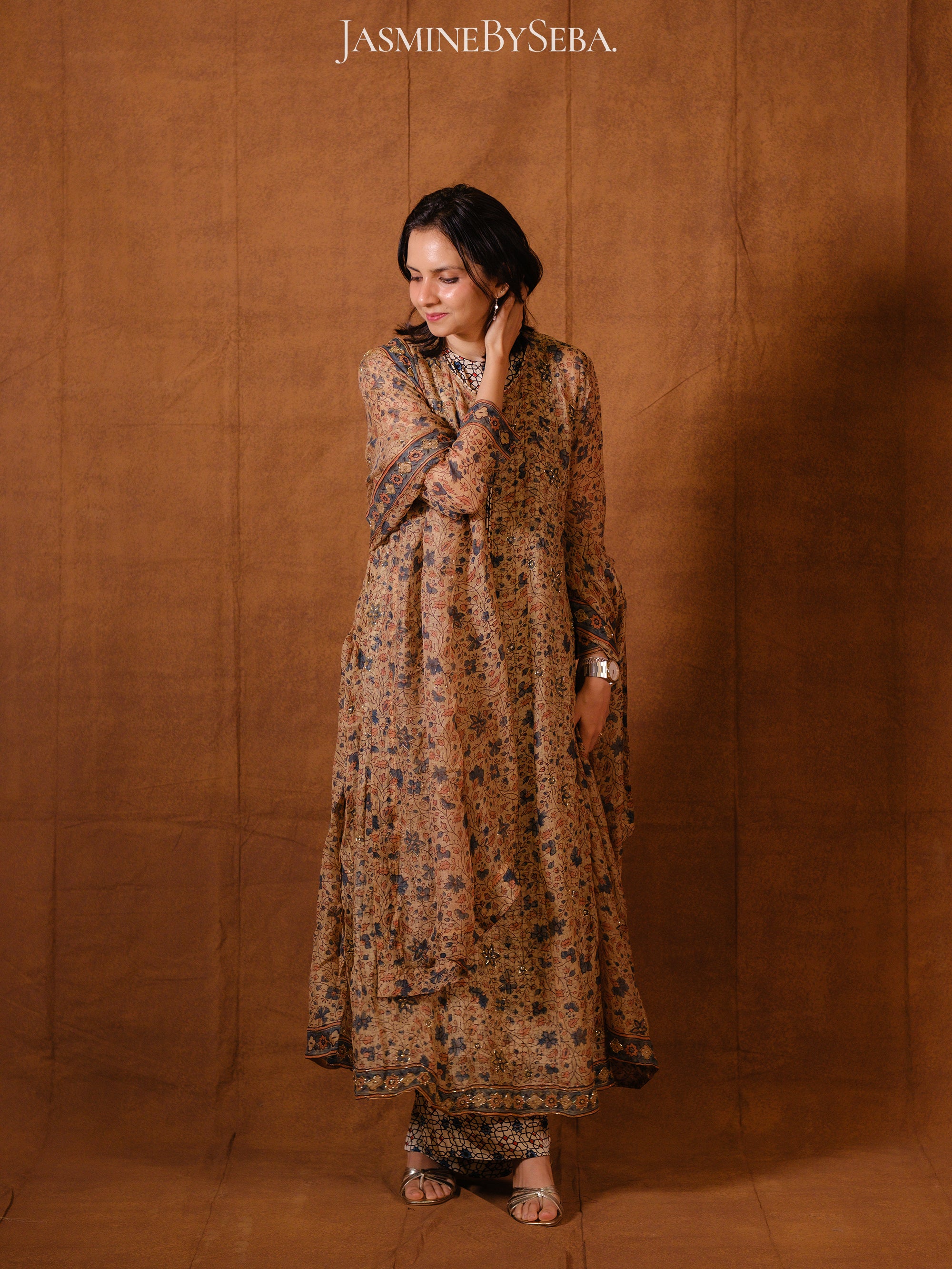 Ajrakh hand dyed hand block printed kota silk jacket set with cut bead handwork