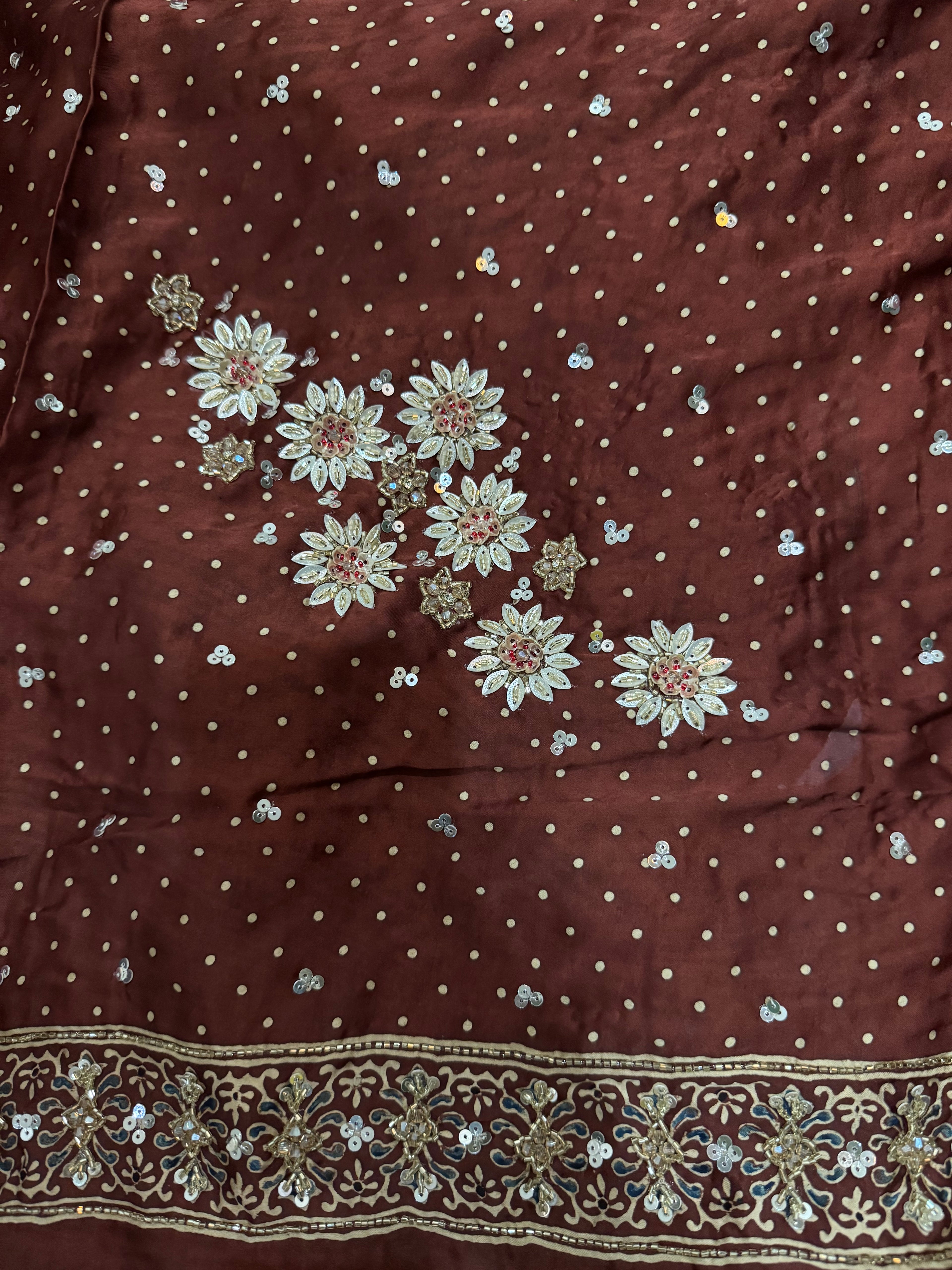 Ajrakh pure modal silk hand dyed, hand block printed and handworked saree