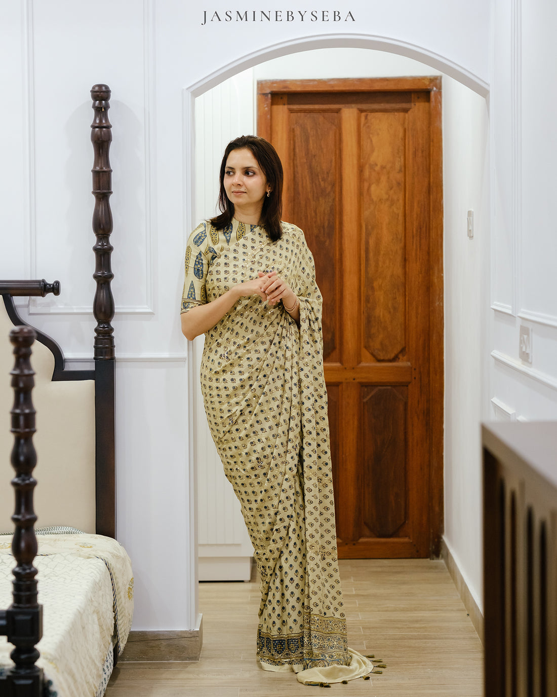 Ajrakh pure handloom gajji silk hand dyed, hand block printed and handworked saree