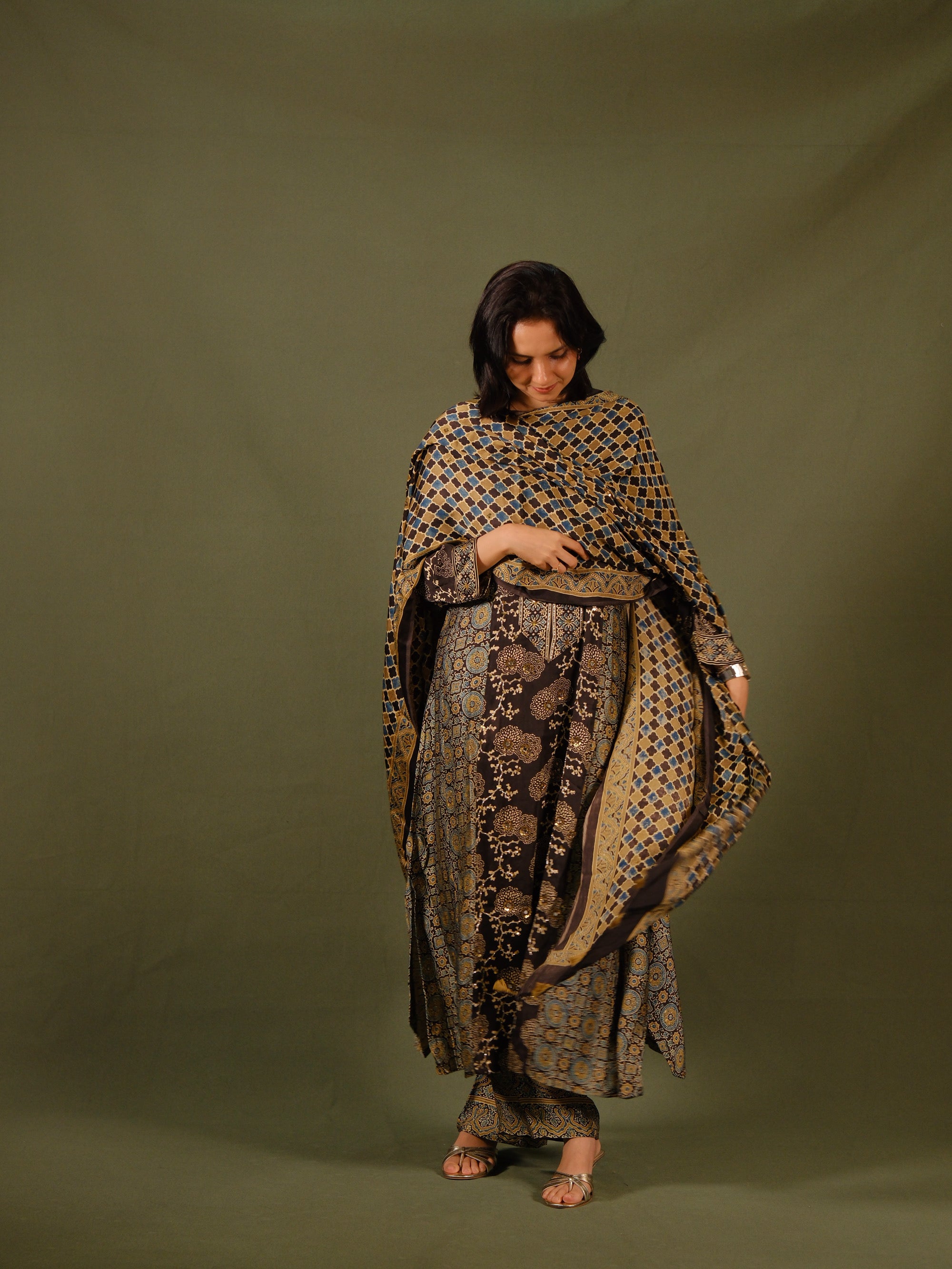 Ajrakh hand dyed hand block printed modal silk panel cut salwar set with cut bead handwork