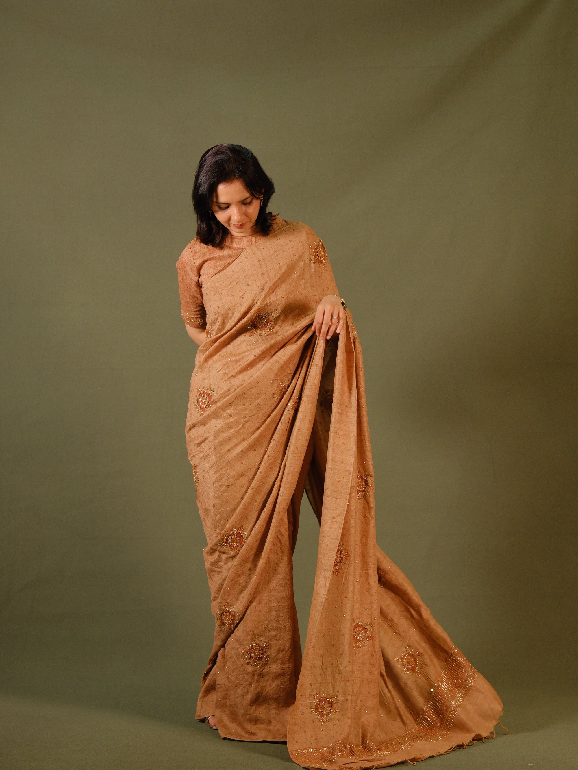 Ajrakh pure handloom tussar silk hand dyed, hand block printed and handworked saree