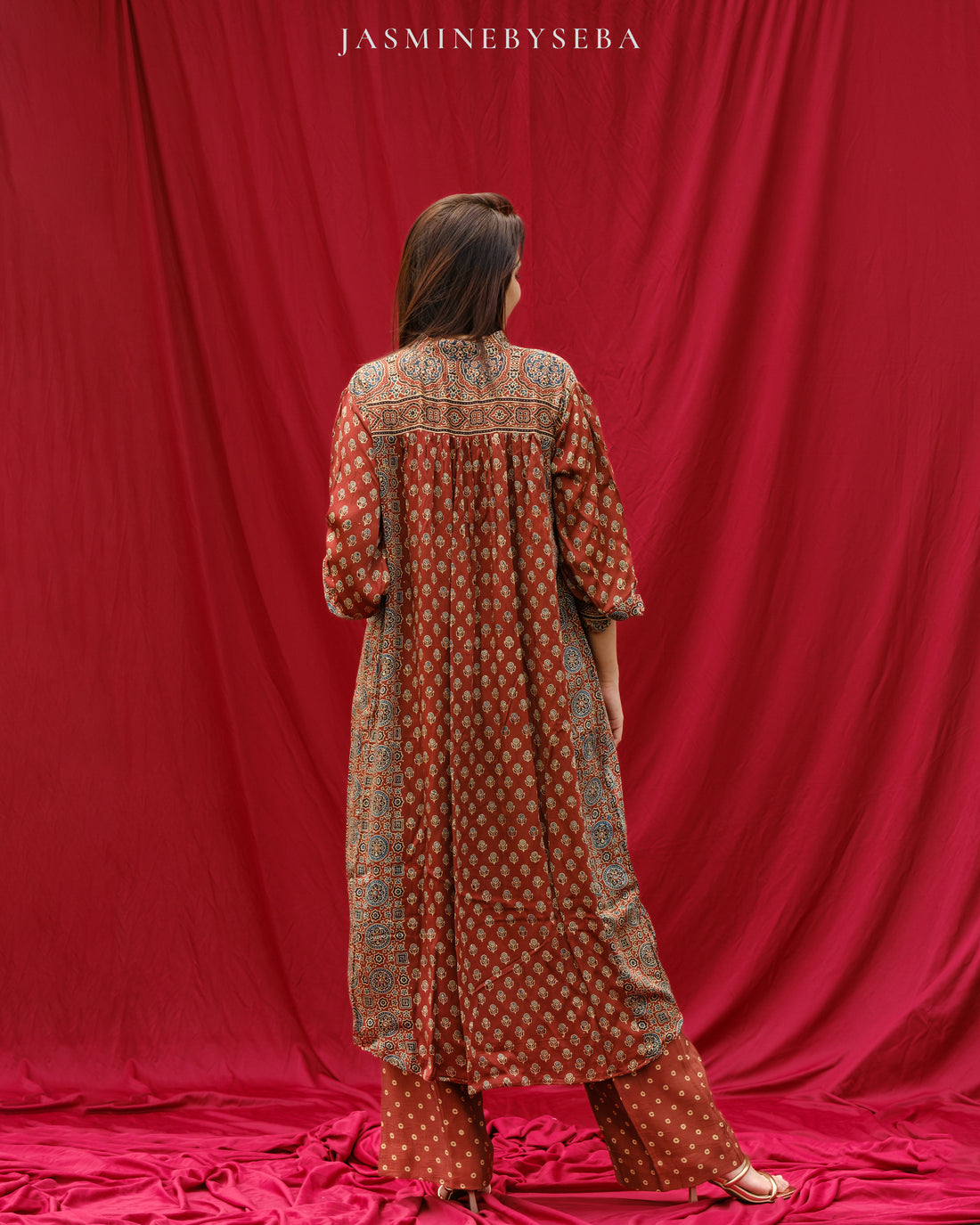 Ajrakh hand dyed hand block printed modal silk maxi dress