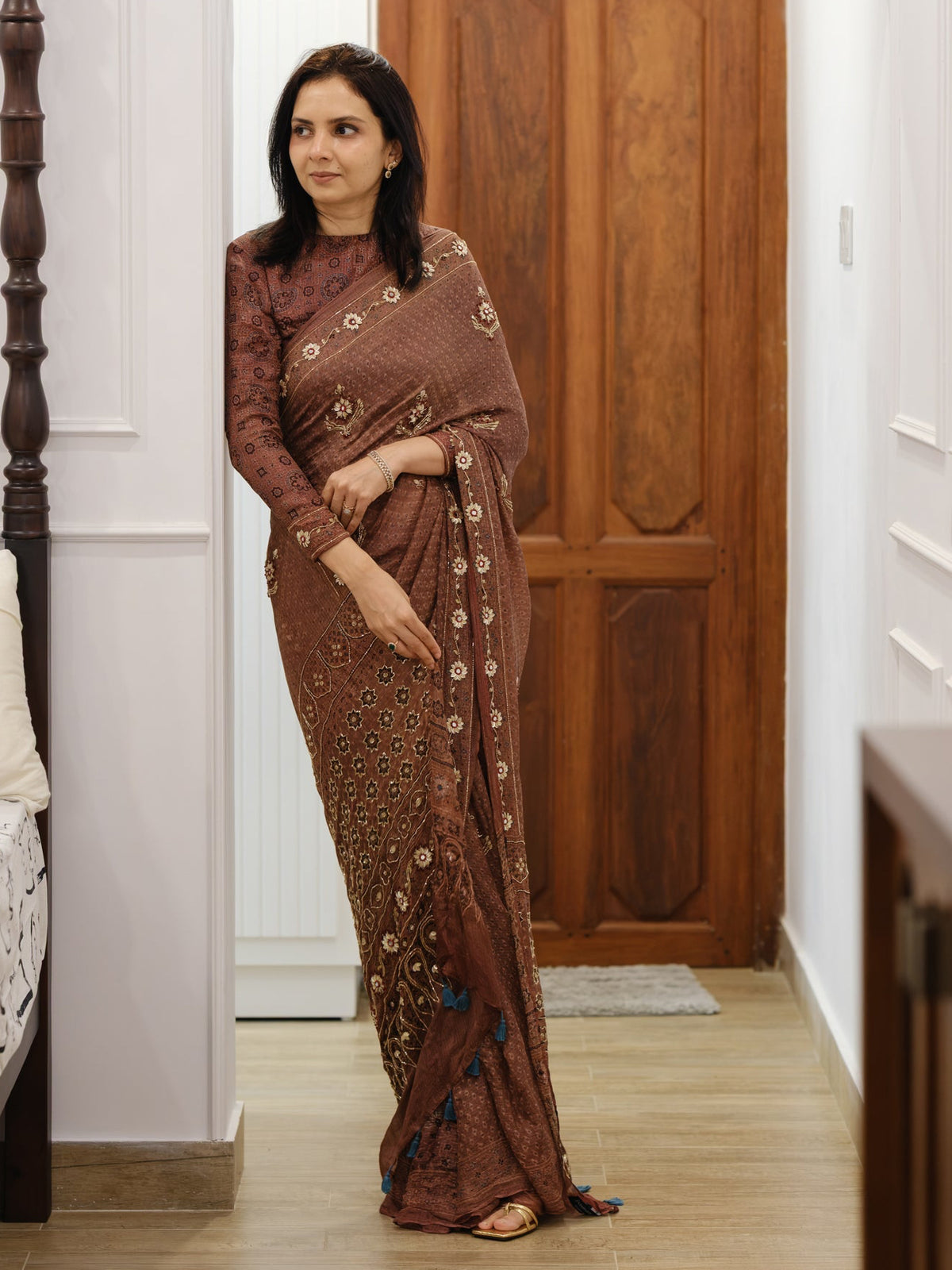 Ajrakh pure kota silk hand dyed, hand block printed and handworked saree