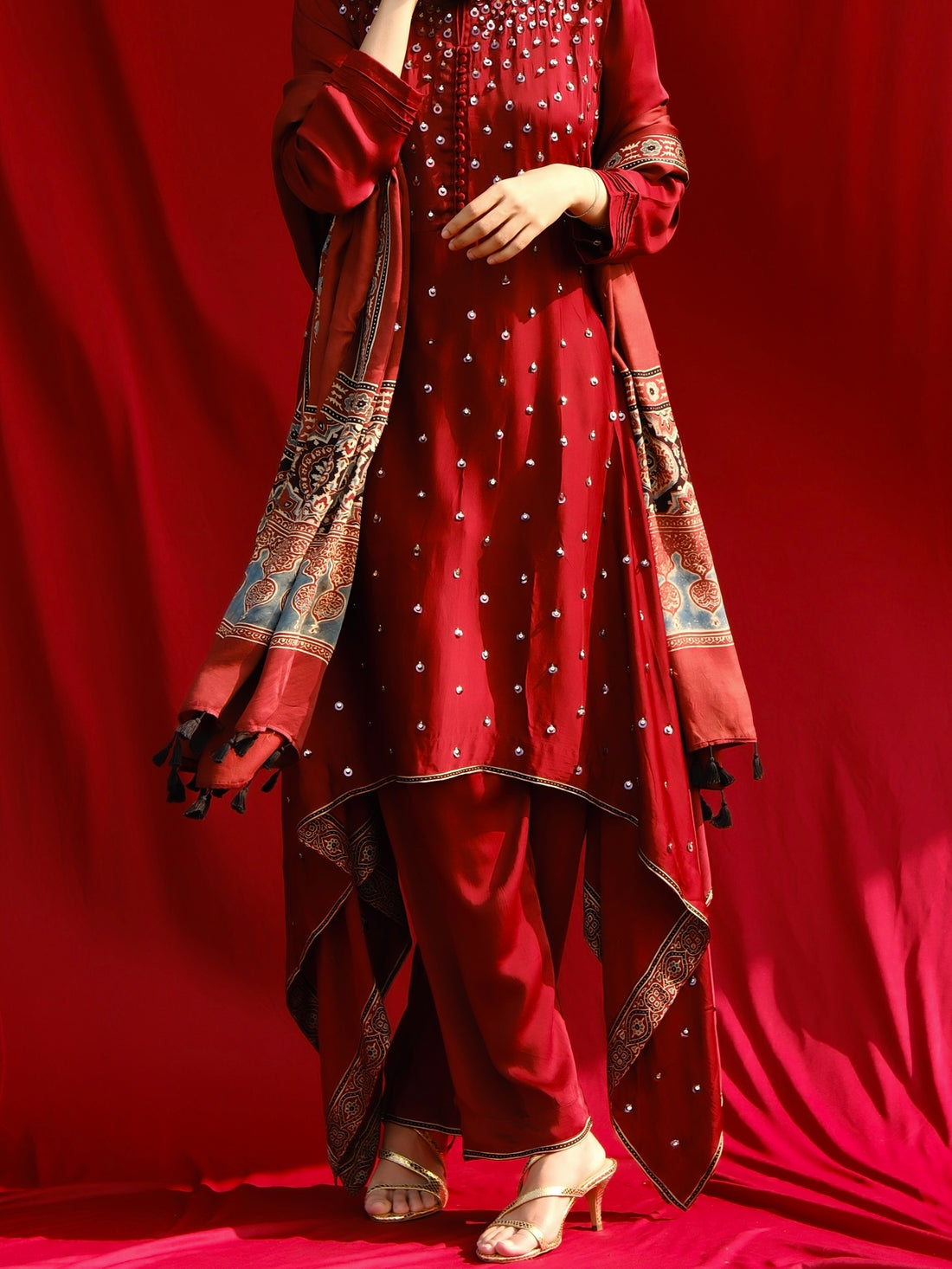 Ajrakh hand dyed hand block printed modal silk A line salwar set with cut bead handwork