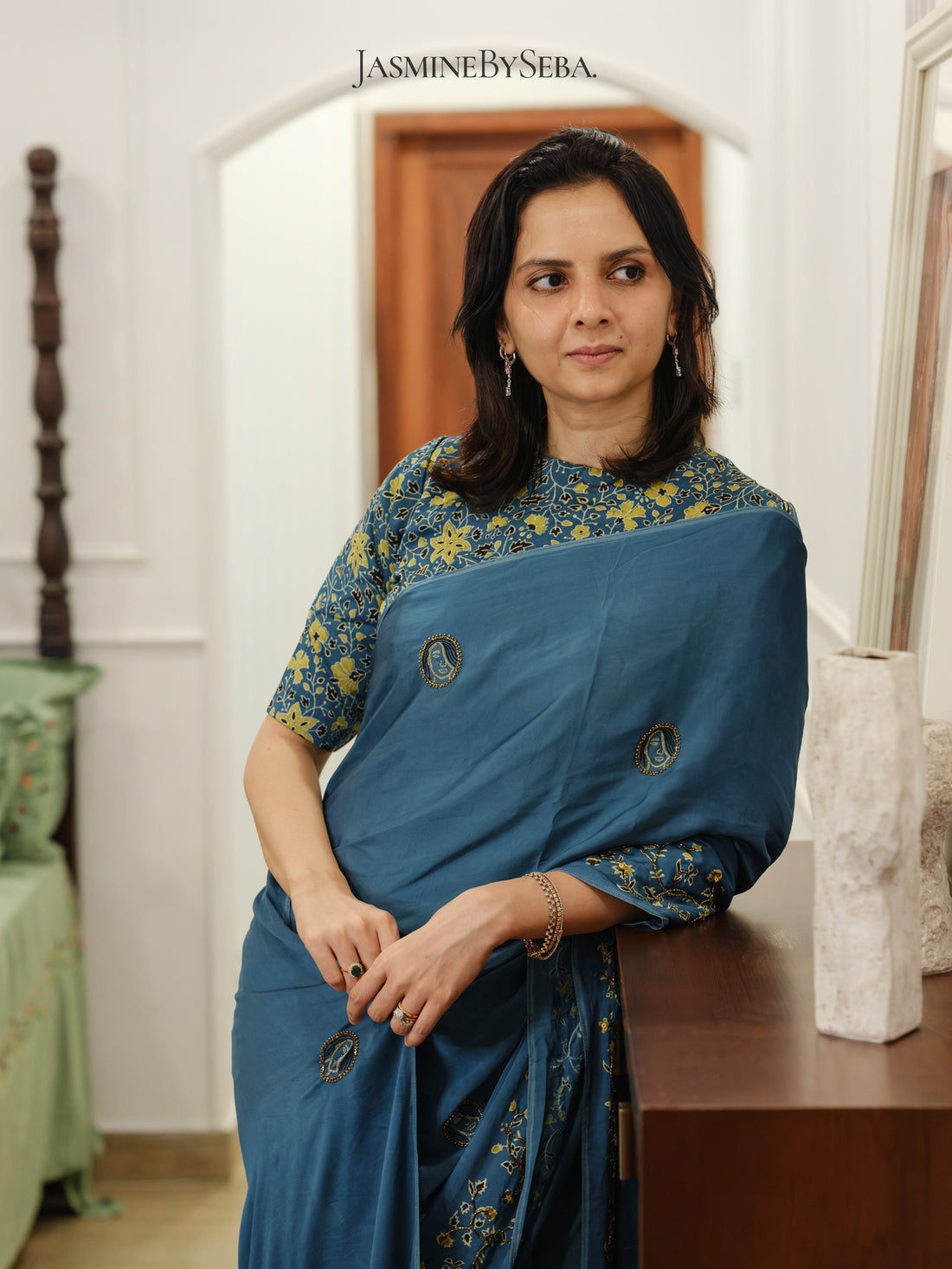 Bespoke ‘Jasmine’ hand printed Ajrakh pure modal silk hand dyed, hand block printed and handworked saree