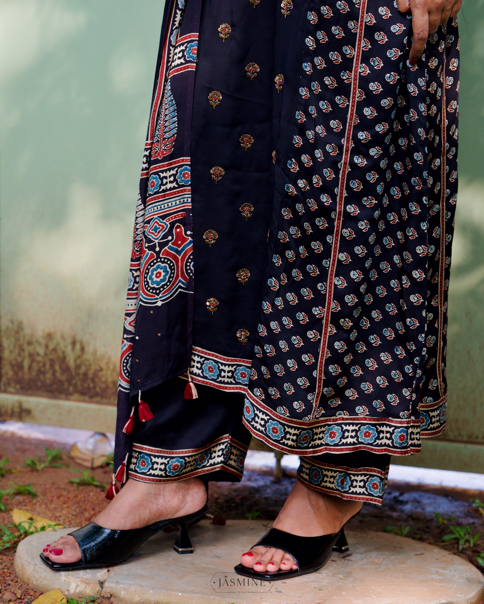 Ajrakh hand block printed modal silk A line salwar set with zardosi handwork