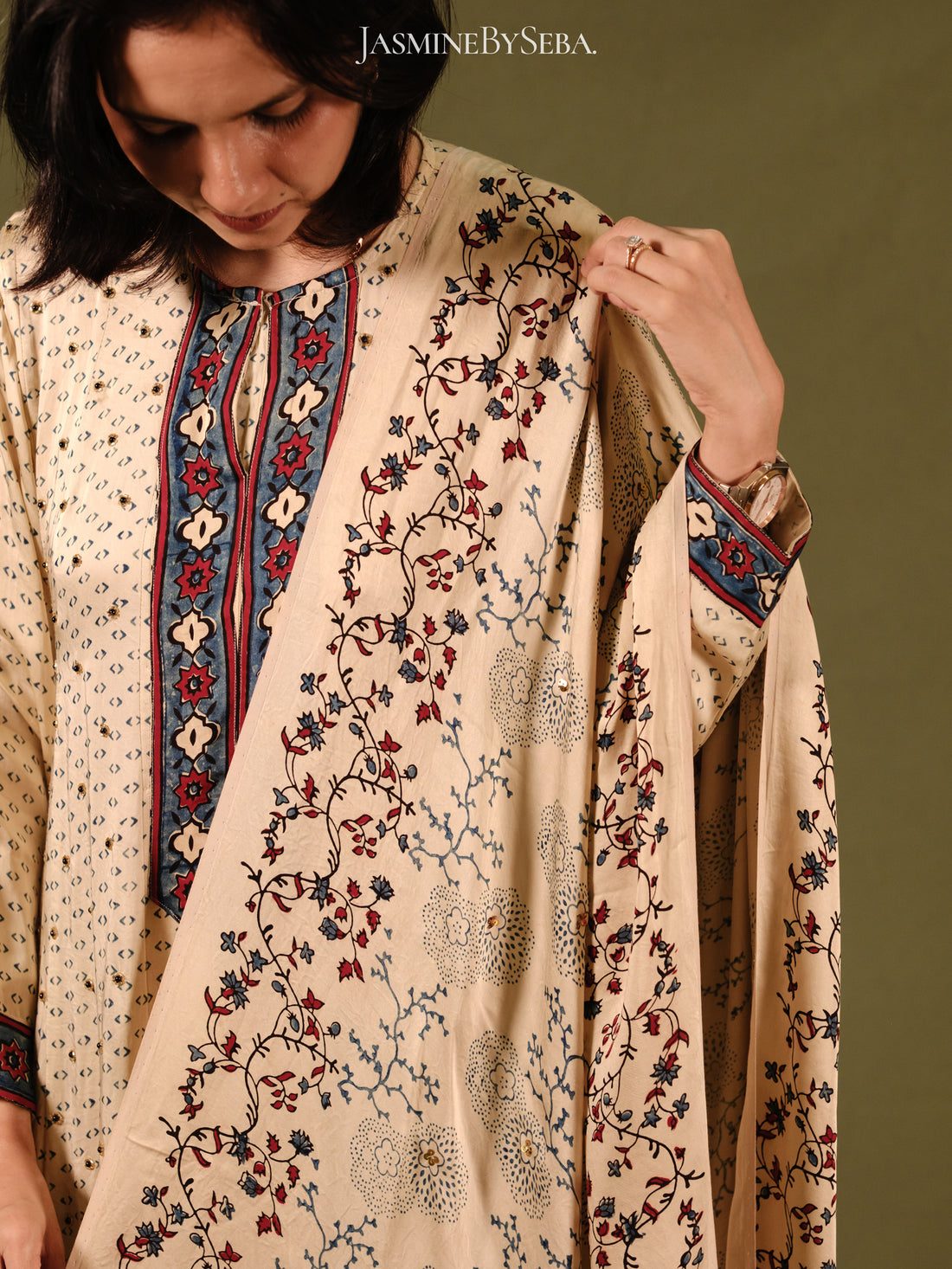Ajrakh hand dyed hand block printed modal silk panel cut masakali set with cut bead handwork