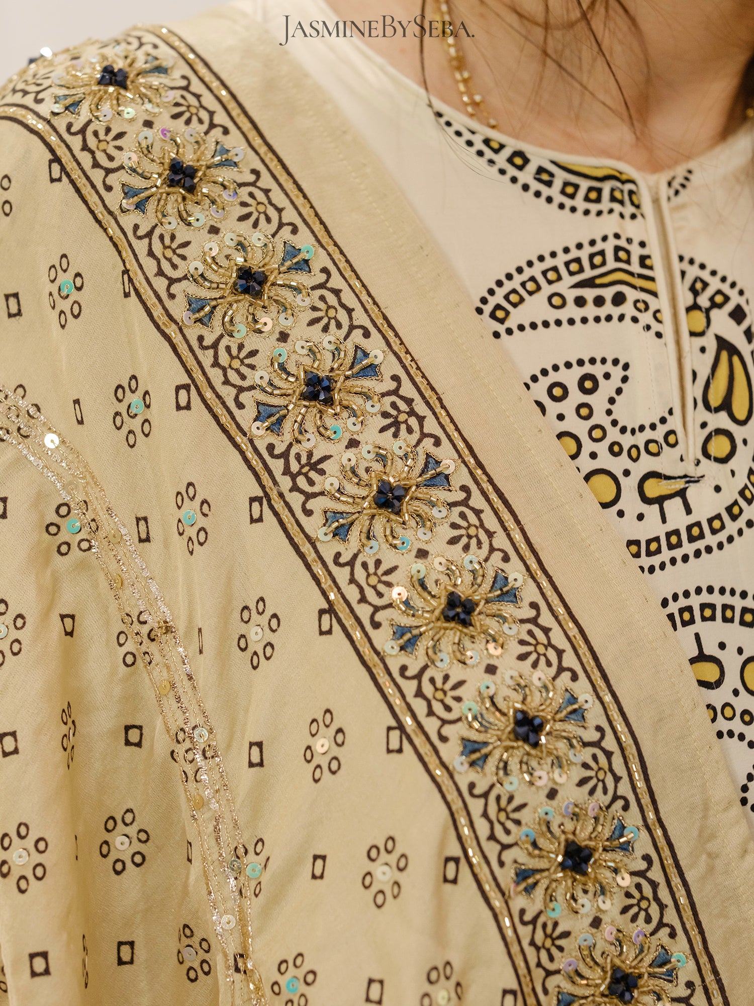 Custom made Ajrakh hand dyed hand block printed modal silk anarakali set with hand embroidry
