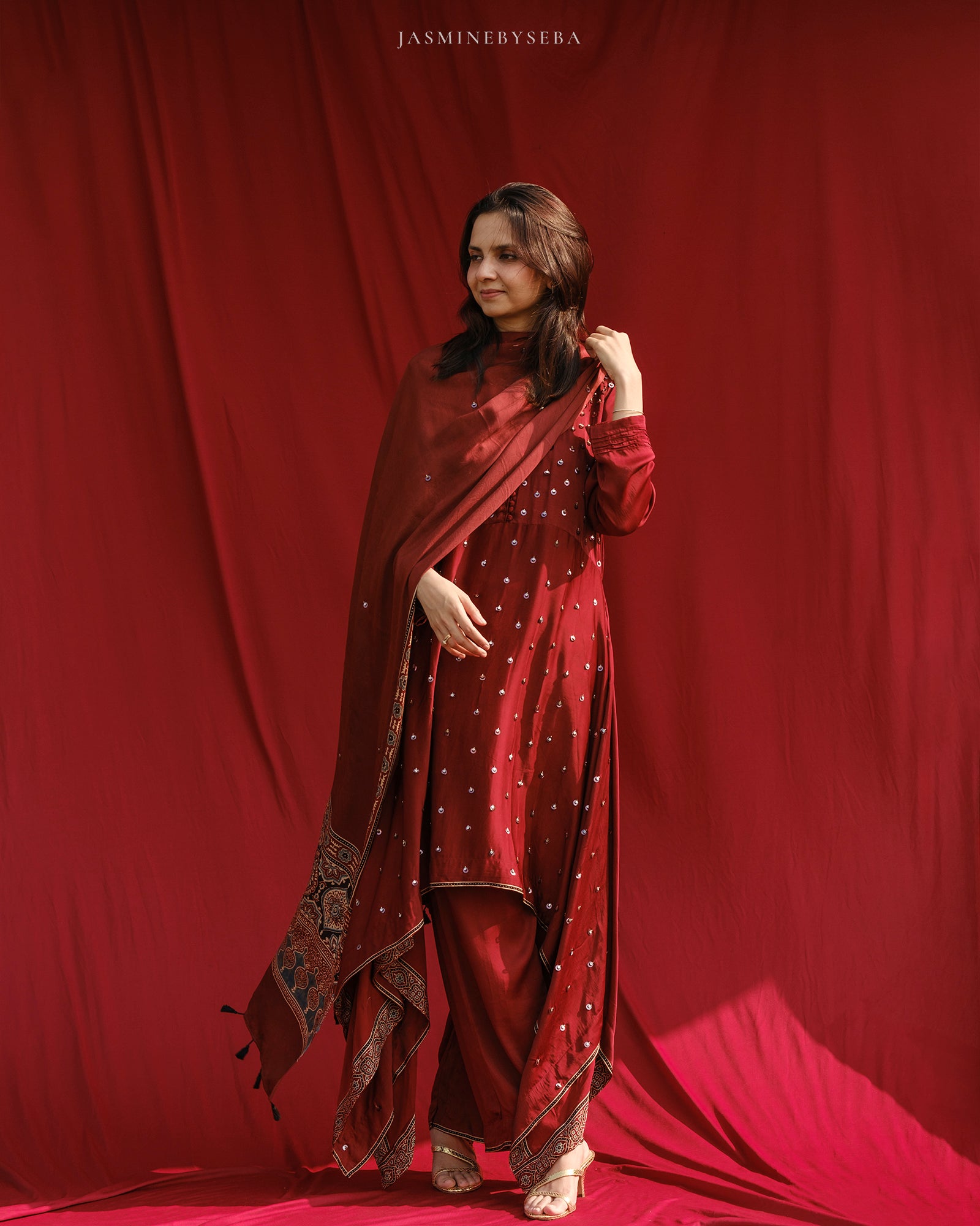 Ajrakh hand dyed hand block printed modal silk A line salwar set with cut bead handwork