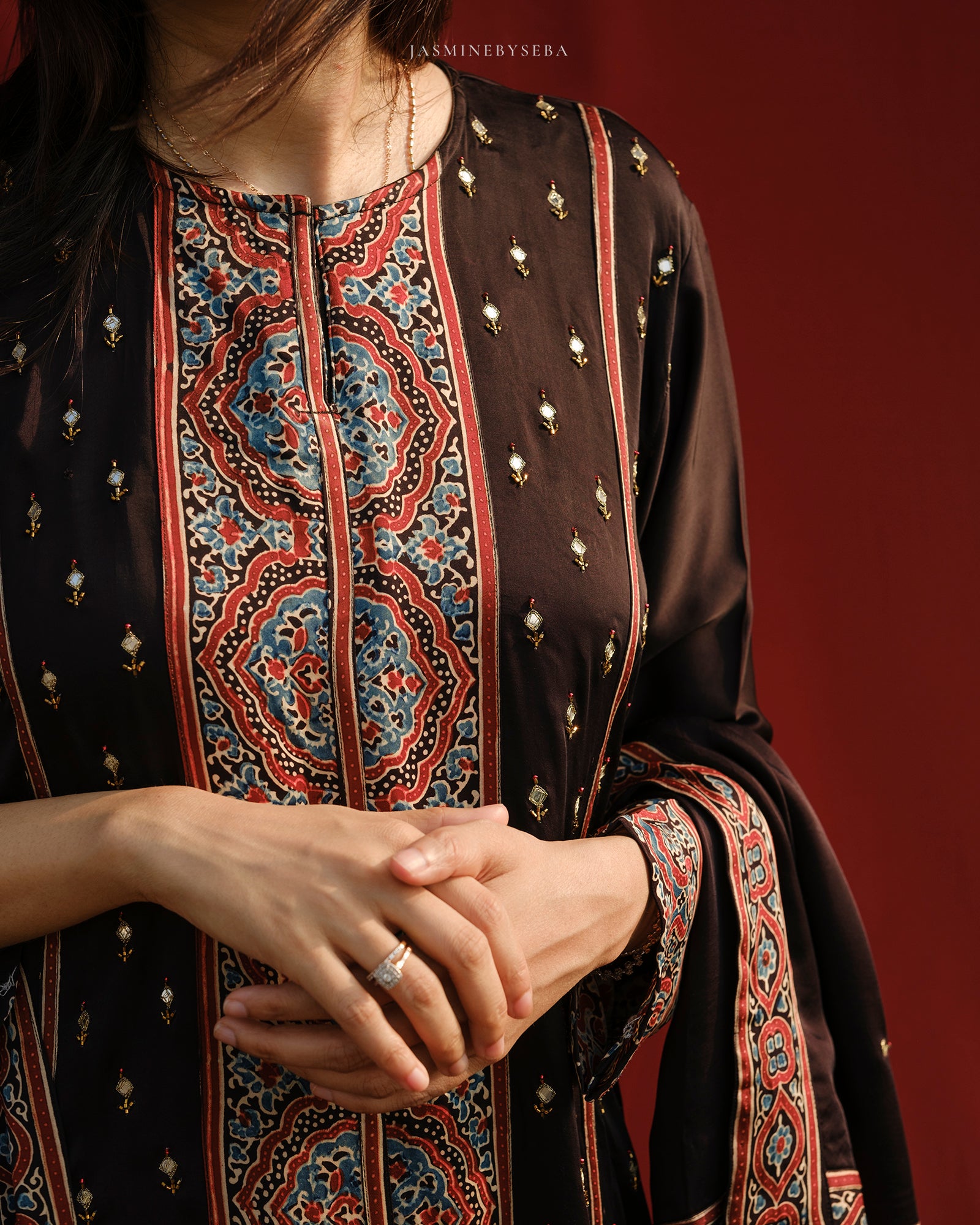 Ajrakh hand block printed modal silk straight cut salwar set with cutbead handwork