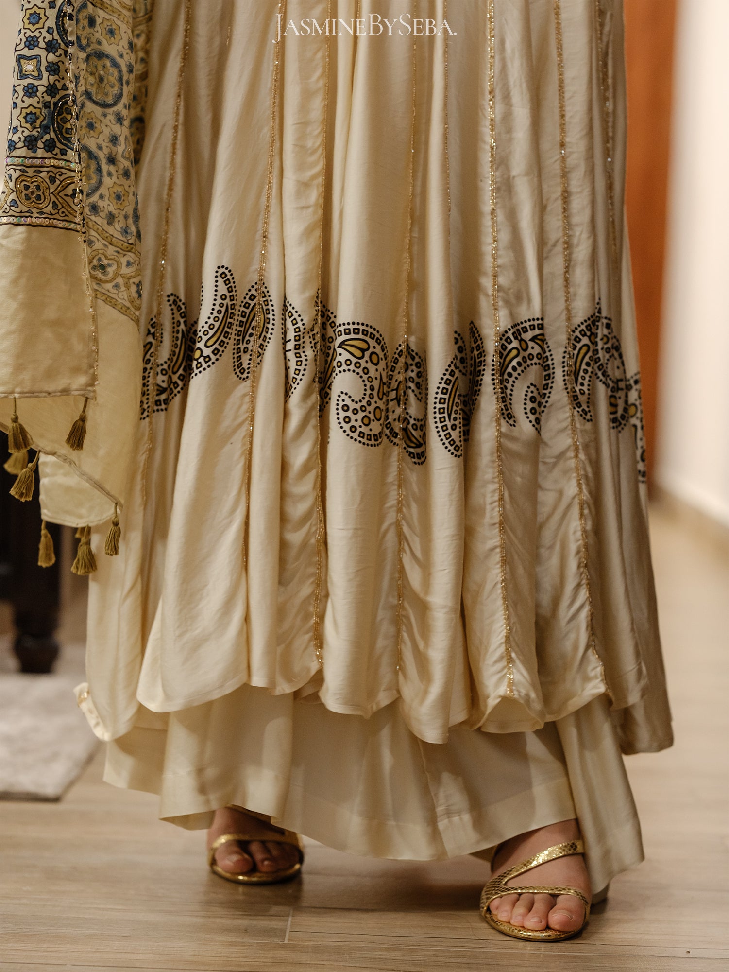 Custom made Ajrakh hand dyed hand block printed modal silk anarakali set with hand embroidry