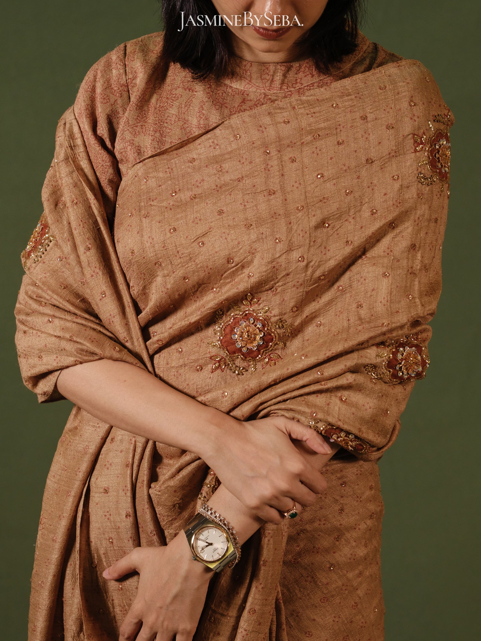 Ajrakh pure handloom tussar silk hand dyed, hand block printed and handworked saree